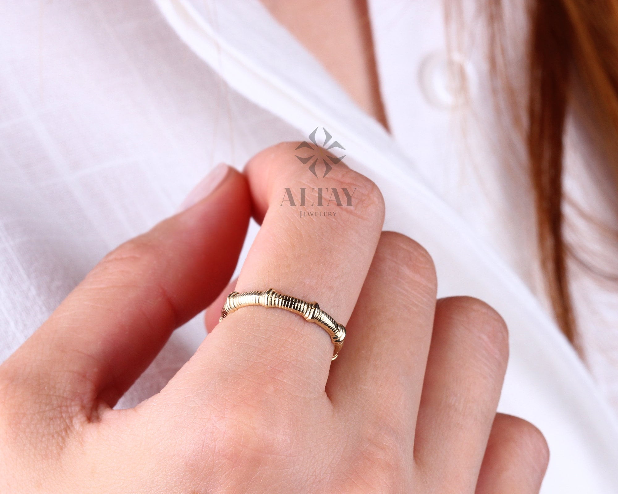 14K Gold Bamboo Ring, Thin Bone Gold Ring, Yellow Stackable Ring, Dainty Ring, Elegant Stylish Fine Jewelry, Real Gold, Gift for Her