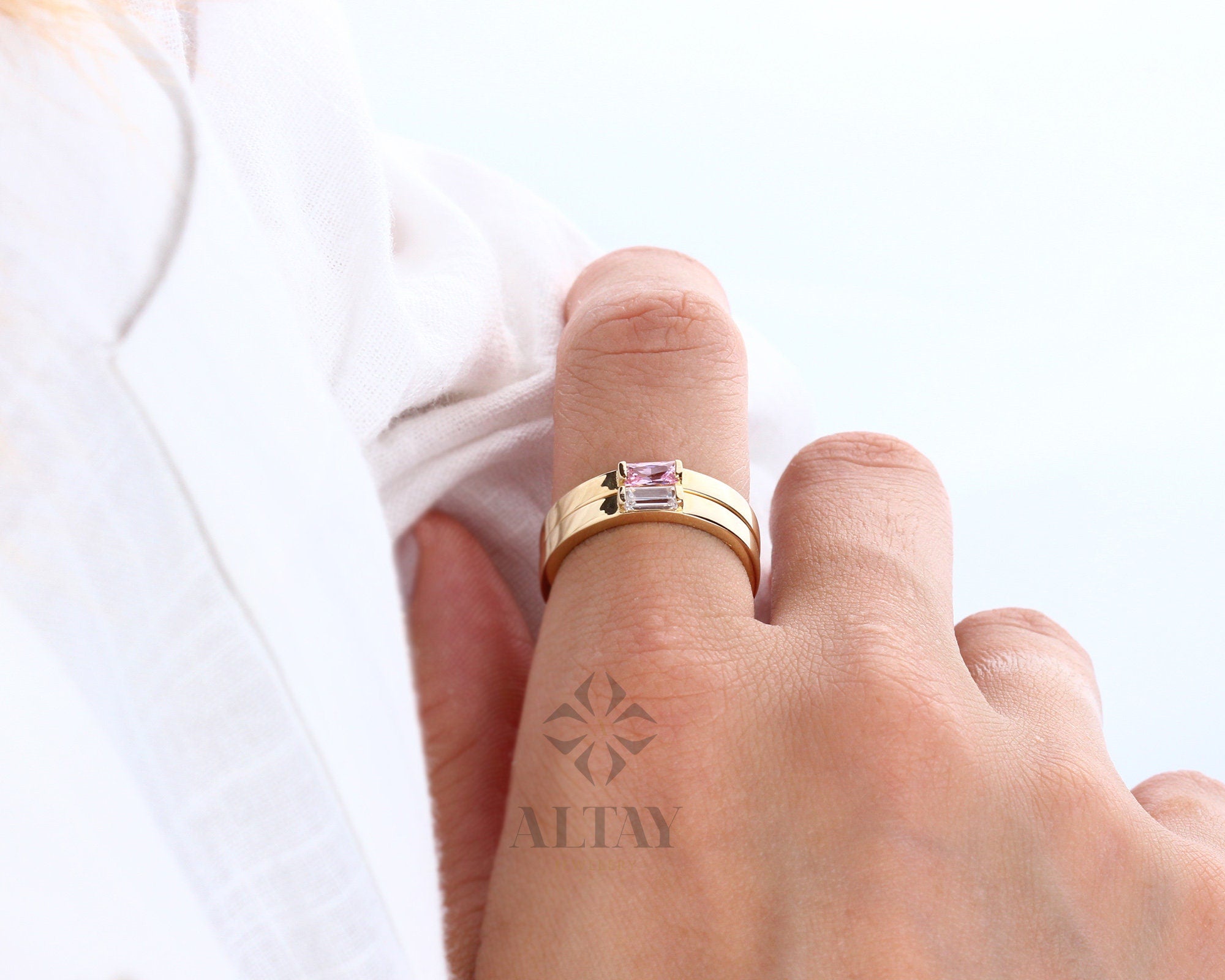 14K Gold Birthstone Ring, Baguette Gemstone Band, Gold Stacking Ring, Dainty Wedding Ring, Christmas Tiny Stackable Ring, Gift For Her