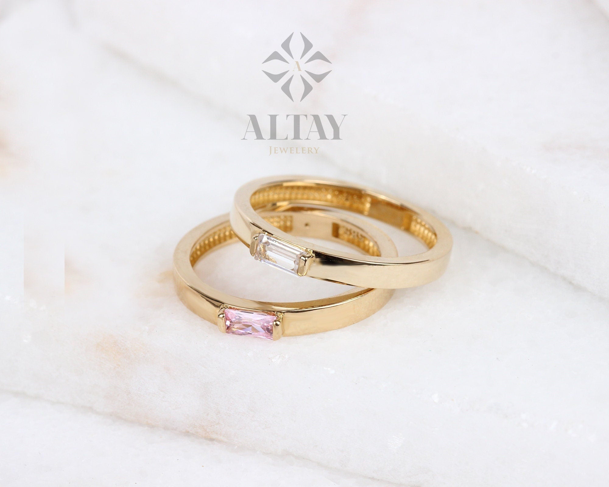 14K Gold Birthstone Ring, Baguette Gemstone Band, Gold Stacking Ring, Dainty Wedding Ring, Christmas Tiny Stackable Ring, Gift For Her