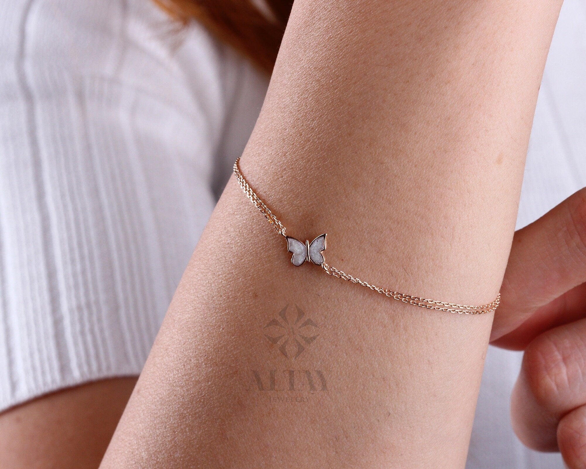 14K Gold White Enamel Butterfly Bracelet, Dainty Gold Butterfly Bracelet, Minimalist Jewelry, Stacking Bracelet, Gift for Her
