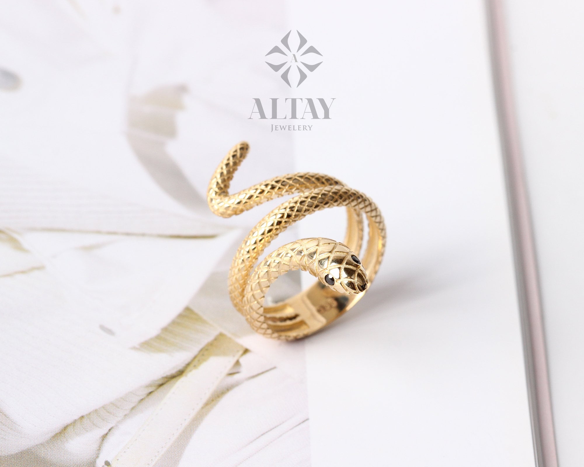 14K Gold Snake Ring, Wrap Snake Band, Circle Serpent Jewelry, Dainty Stacking Animal Rings, Snake Style Ring, Open Band Statement Wrap Ring