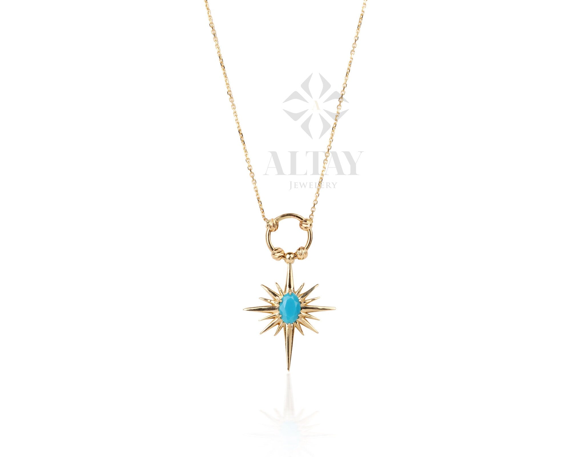 14K Gold Turquoise North Star Necklace, Celestial Starburst Pendant, Pole Star Choker, Dainty Layering Chain, Christmas, Valentines Day Gift