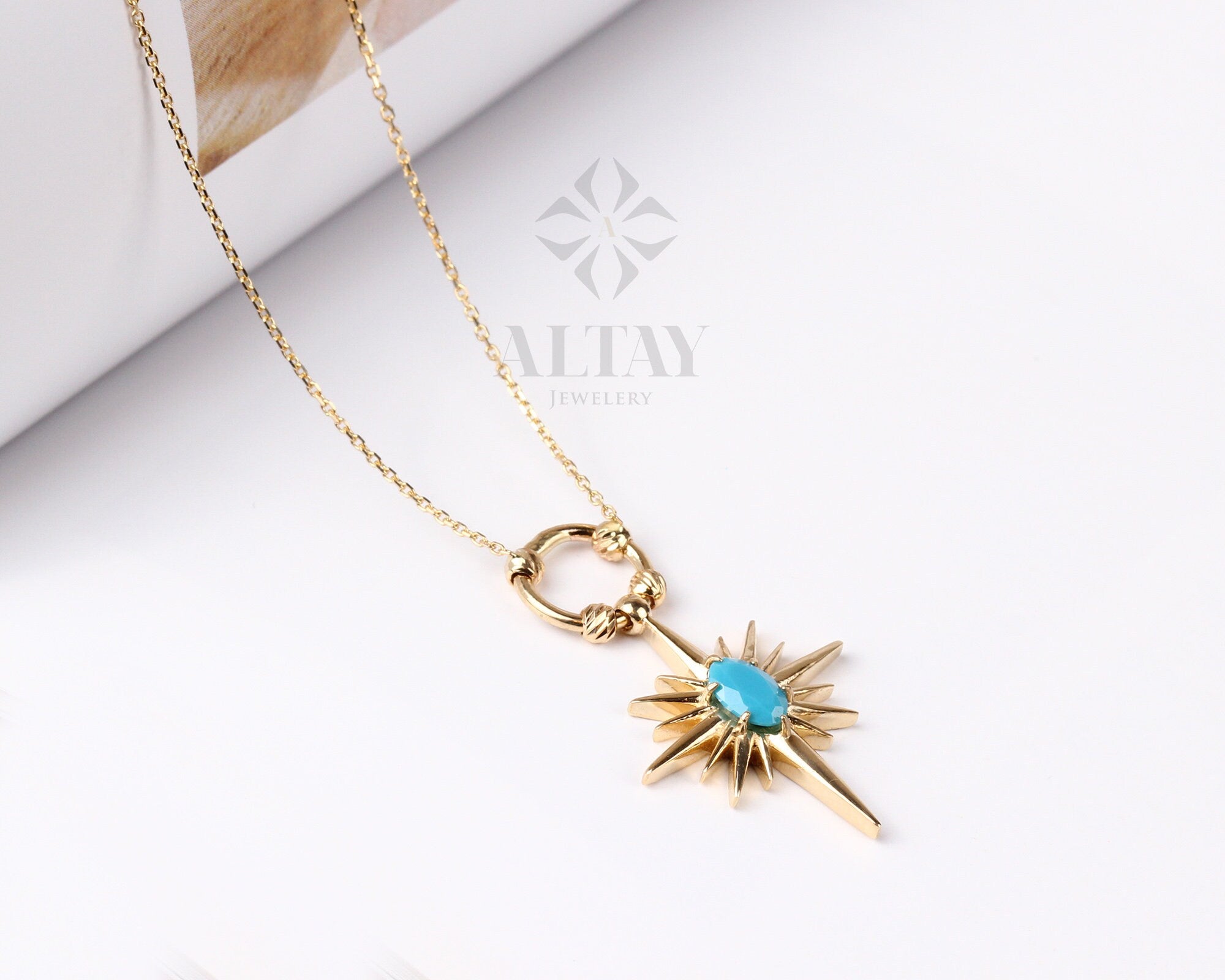 14K Gold Turquoise North Star Necklace, Celestial Starburst Pendant, Pole Star Choker, Dainty Layering Chain, Christmas, Valentines Day Gift