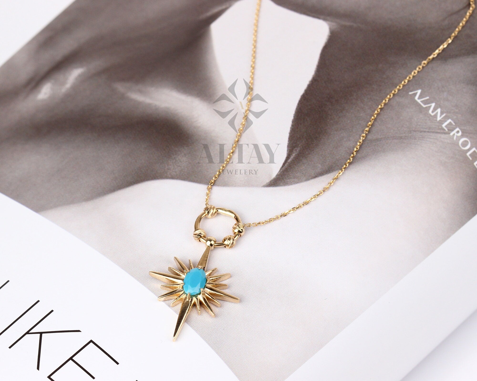 14K Gold Turquoise North Star Necklace, Celestial Starburst Pendant, Pole Star Choker, Dainty Layering Chain, Christmas, Valentines Day Gift