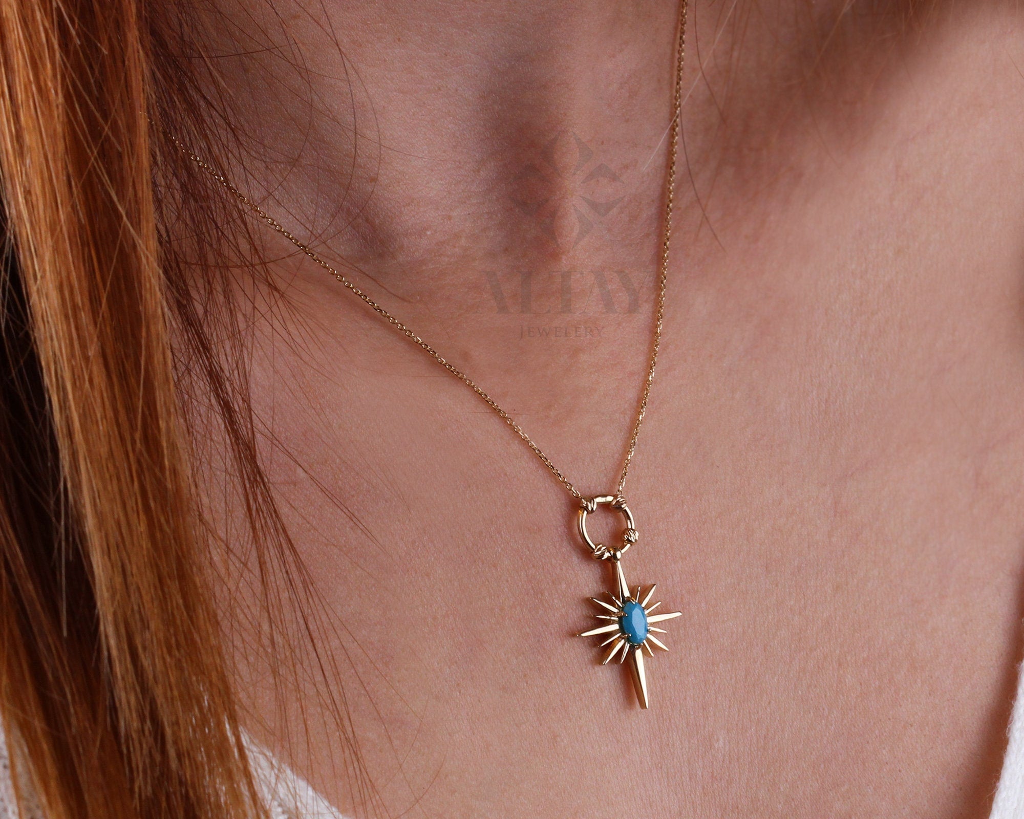 14K Gold Turquoise North Star Necklace, Celestial Starburst Pendant, Pole Star Choker, Dainty Layering Chain, Christmas, Valentines Day Gift