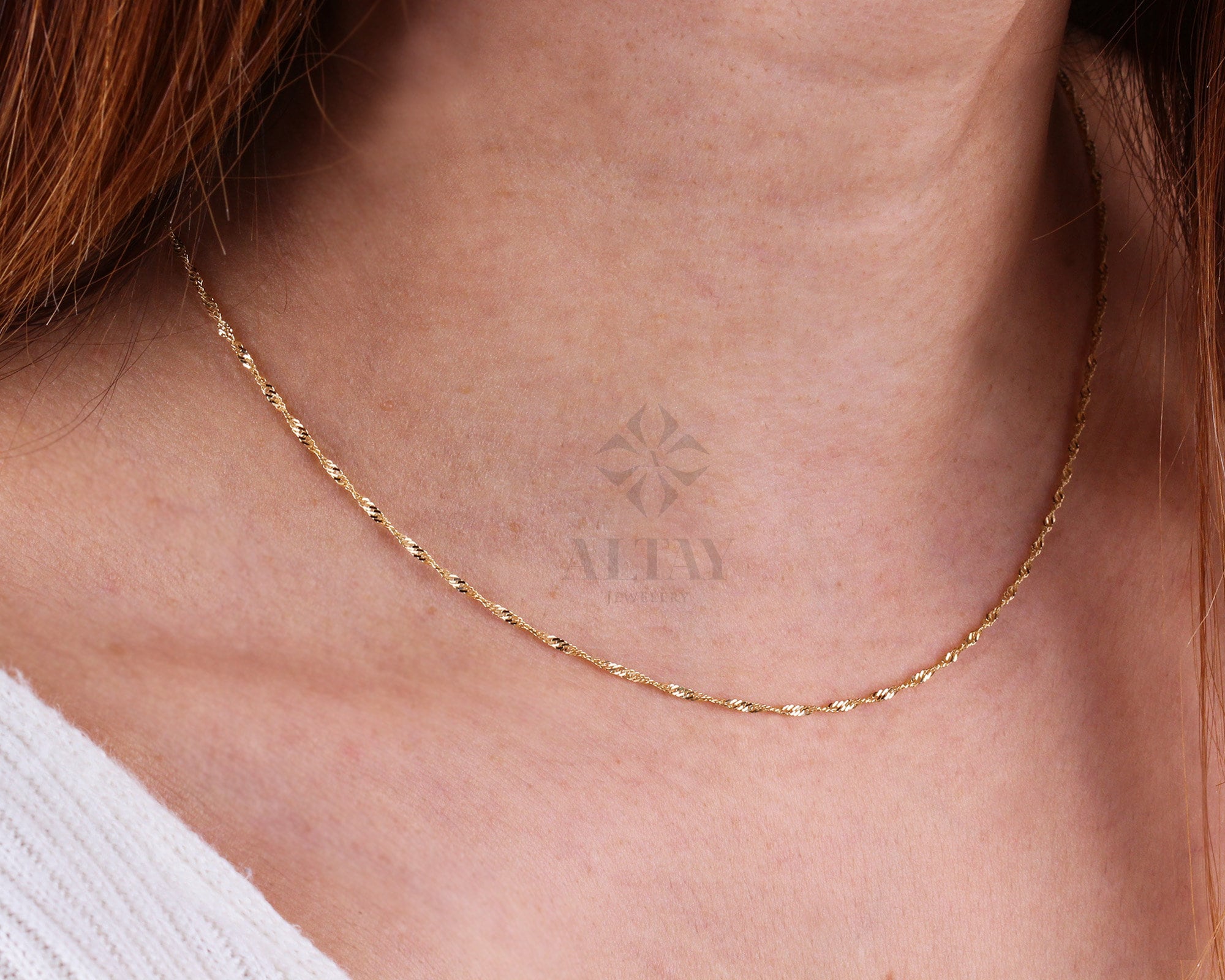 14K Gold Singapore Chain Necklace, 1.5MM Singapore Twist Chain Choker, Singapore Rope Chain, Twisted Singapore Layering Necklace