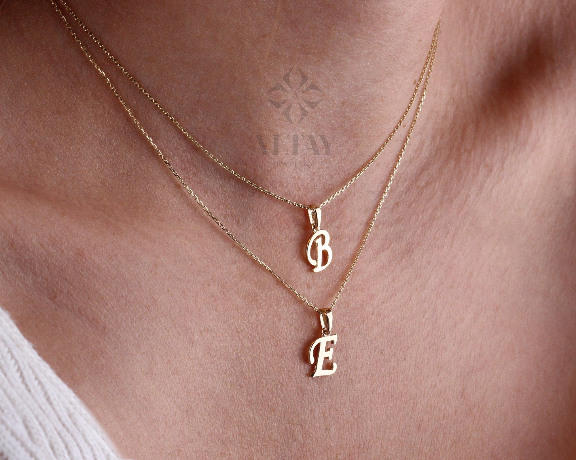 14K Solid Gold Initial Necklace, Cursive Letter Pendant