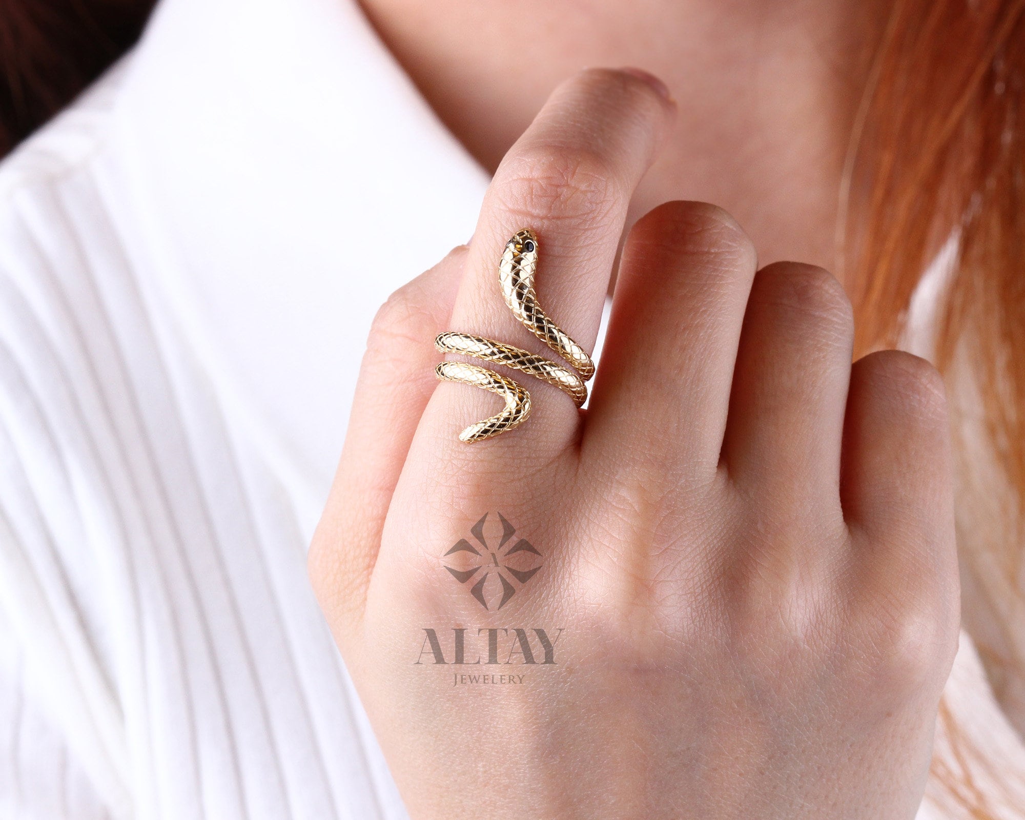 14K Gold Snake Ring, Wrap Snake Band, Circle Serpent Jewelry, Dainty Stacking Animal Rings, Snake Style Ring, Open Band Statement Wrap Ring
