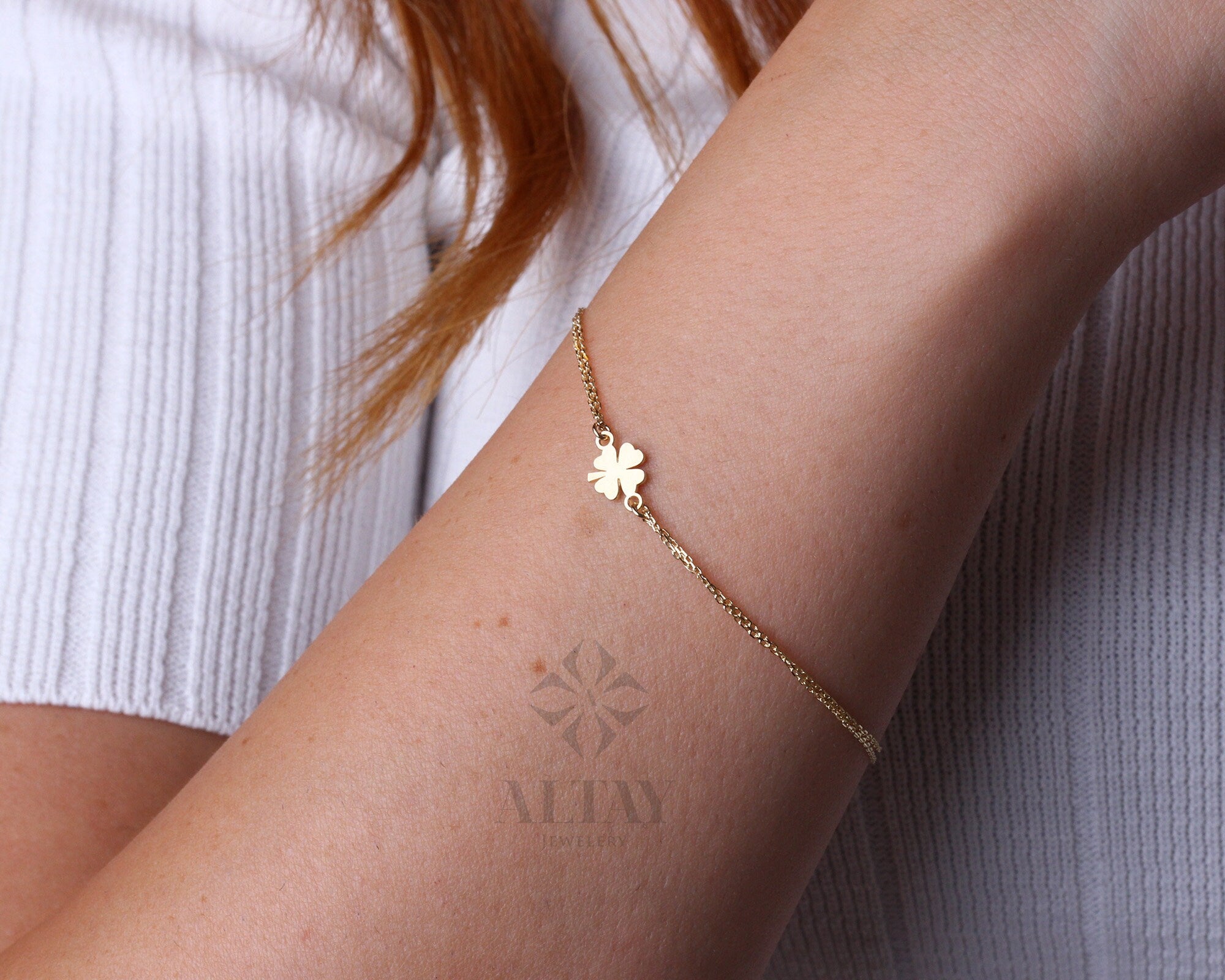 14K Yellow Gold Four Leaf Clover Bracelet, Dainty Good Luck Bracelet, Clover Lucky Charm Bracelet, St. Patrick's Day Accessory, Gift for Her