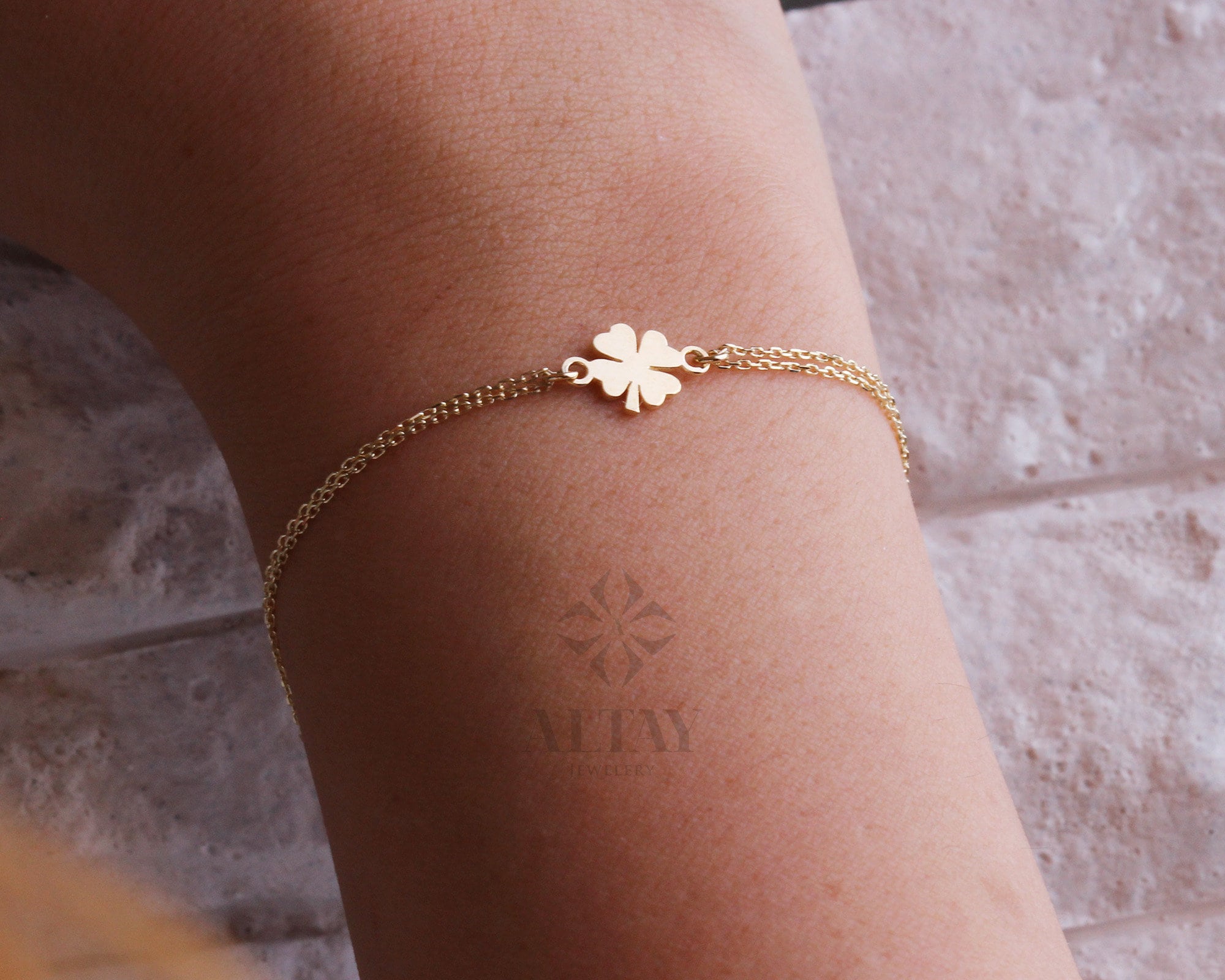 14K Yellow Gold Four Leaf Clover Bracelet, Dainty Good Luck Bracelet, Clover Lucky Charm Bracelet, St. Patrick's Day Accessory, Gift for Her