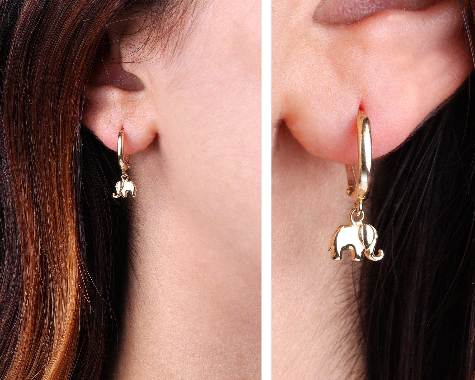14K Solid Gold Elephant Earring, Huggie Gold Earring, Animal Hoop Gold Earring, Minimalist Hoop Earring, Good Fortune Symbol, Gift for Her