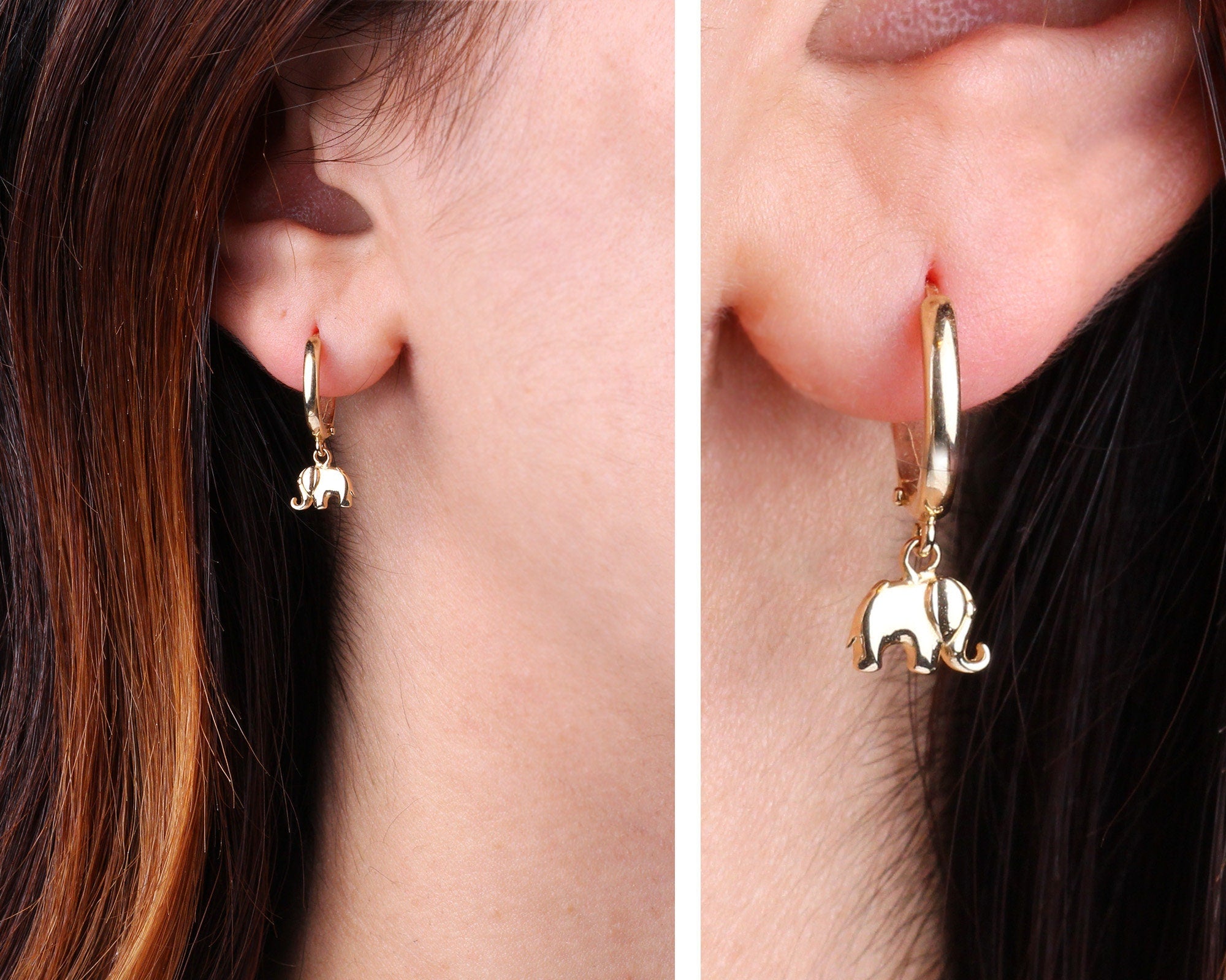 14K Solid Gold Elephant Earring, Huggie Gold Earring, Animal Hoop Gold Earring, Minimalist Hoop Earring, Good Fortune Symbol, Gift for Her