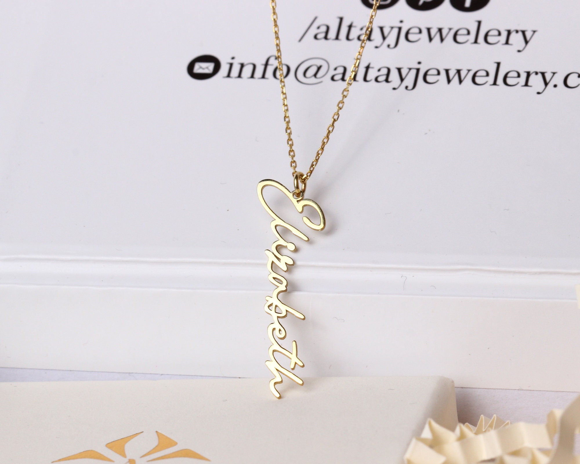 14K Gold Vertical Name Necklace, Cursive Name Necklace, Gold Signature Necklace, Custom Name Necklace, Tiny Nameplate Necklace for Women