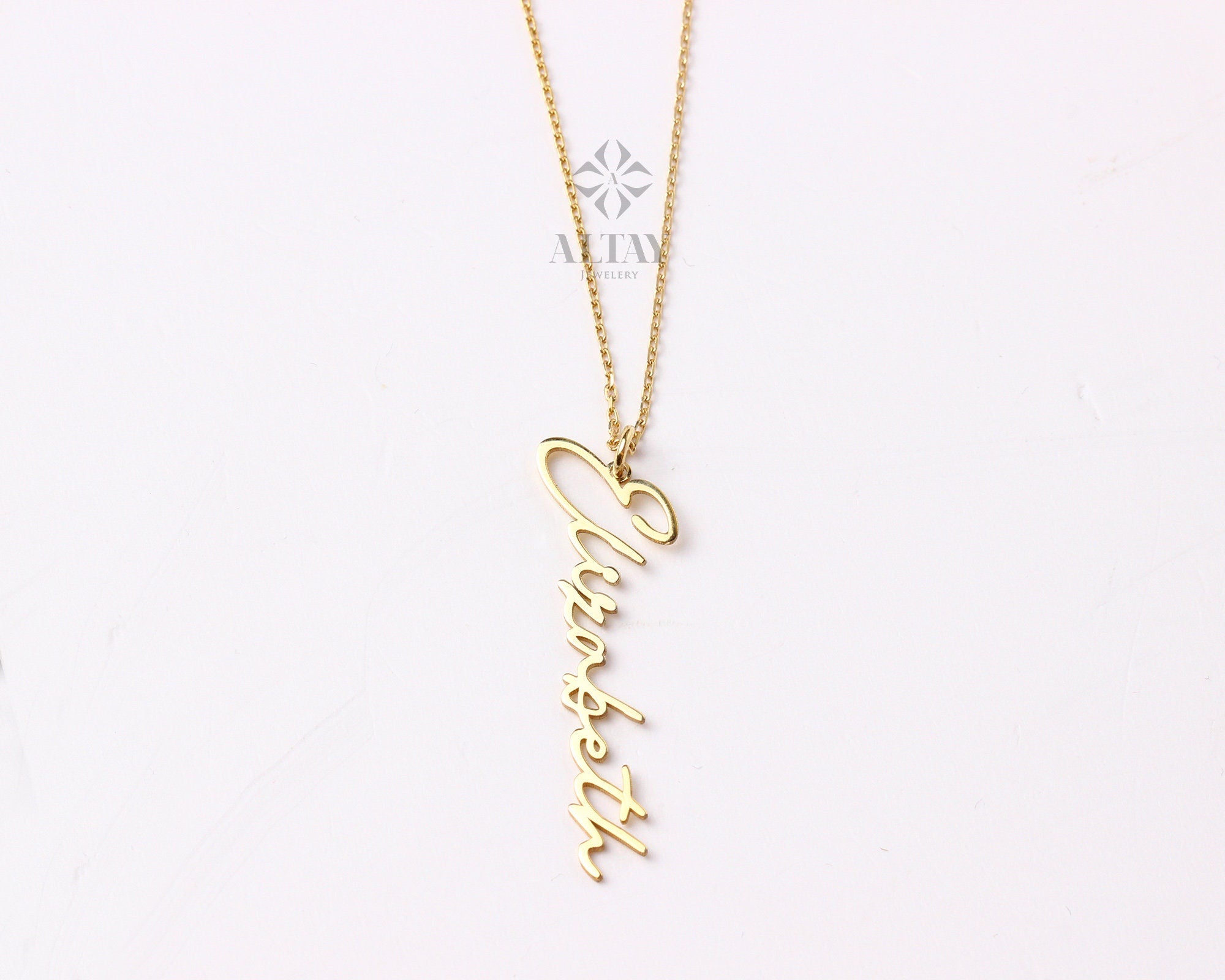 14K Gold Vertical Name Necklace, Cursive Name Necklace, Gold Signature Necklace, Custom Name Necklace, Tiny Nameplate Necklace for Women