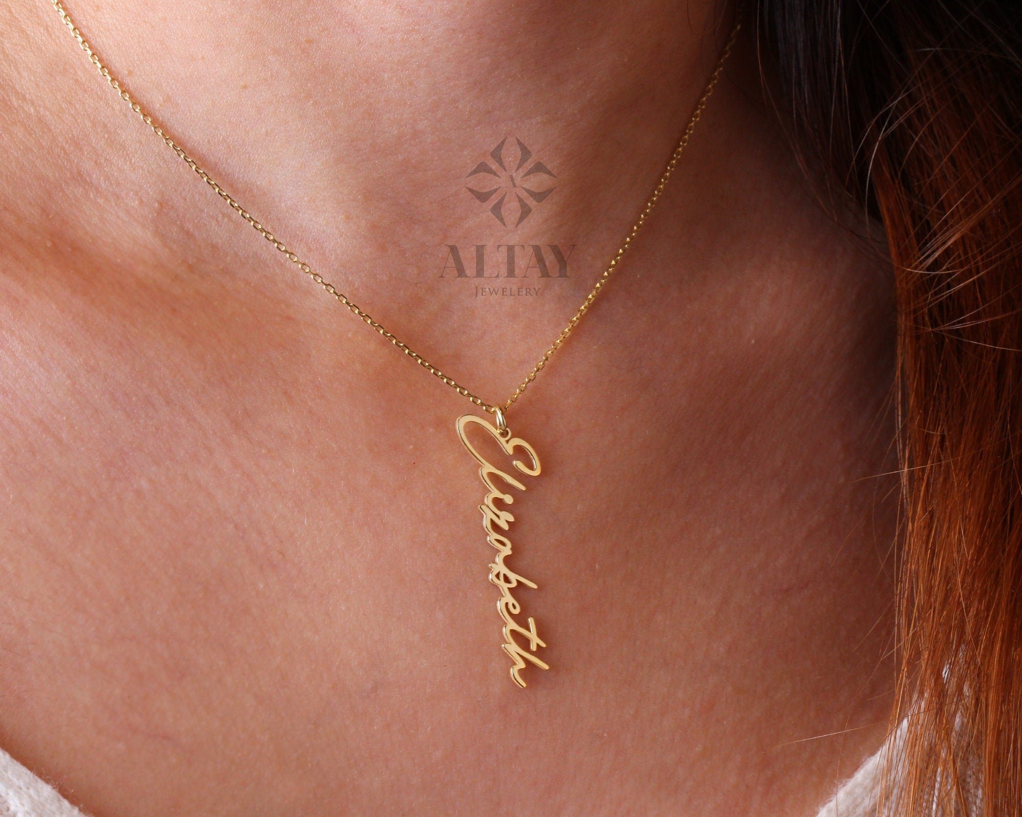 14K Gold Vertical Name Necklace, Cursive Name Necklace, Gold Signature Necklace, Custom Name Necklace, Tiny Nameplate Necklace for Women