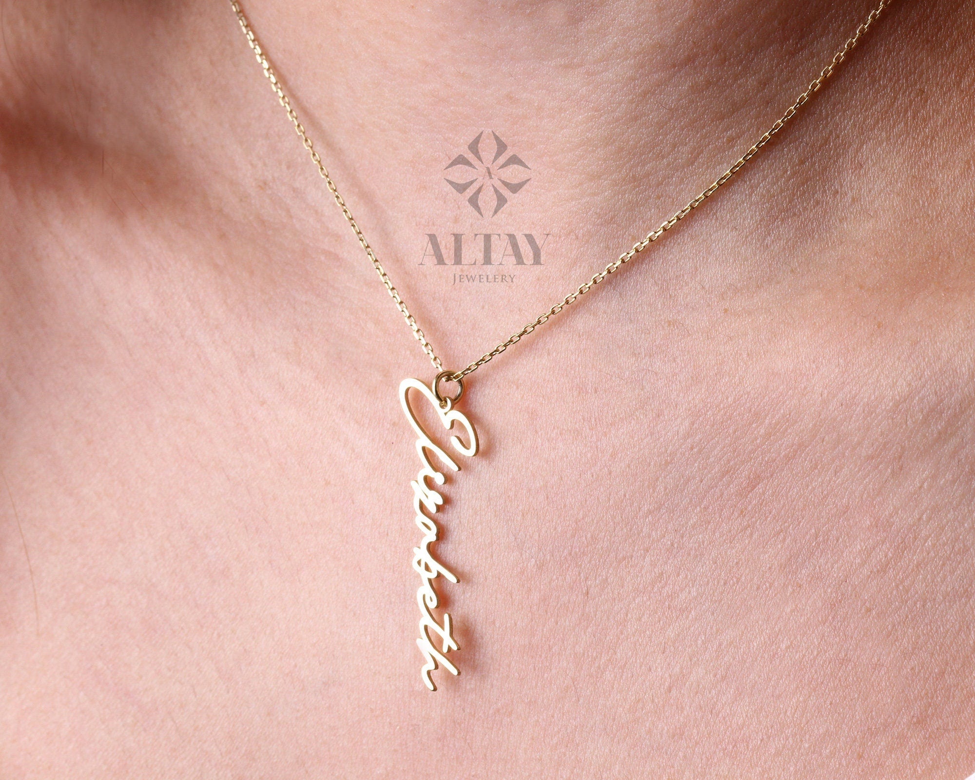 14K Gold Vertical Name Necklace, Cursive Name Necklace, Gold Signature Necklace, Custom Name Necklace, Tiny Nameplate Necklace for Women