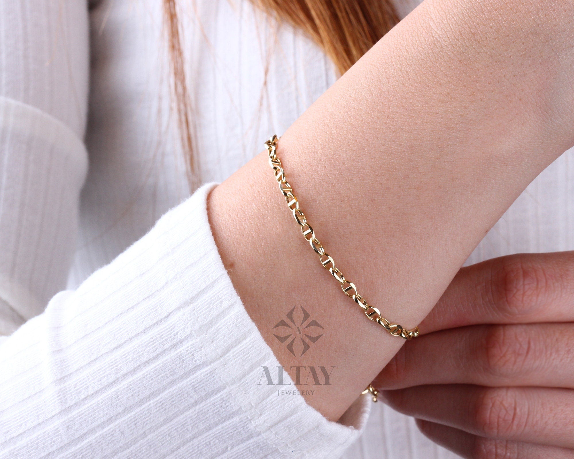 14K Solid Gold Mariner Link Chain Bracelet, 14K Gold Chain Bracelet, Puffed Chain, Yellow Gold Puff Mariner Anklet, Designer, Dainty Gift