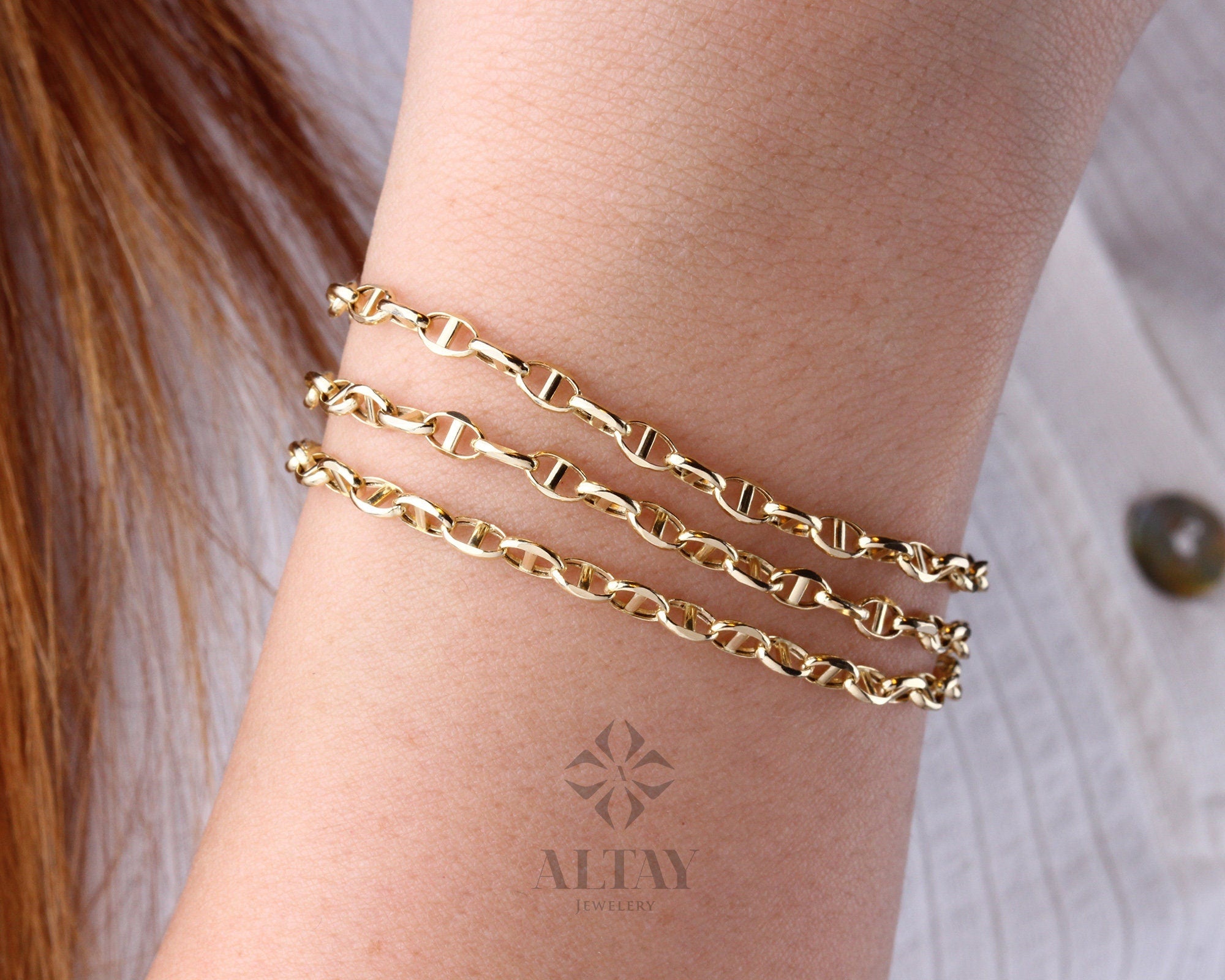 14K Solid Gold Mariner Link Chain Bracelet, 14K Gold Chain Bracelet, Puffed Chain, Yellow Gold Puff Mariner Anklet, Designer, Dainty Gift
