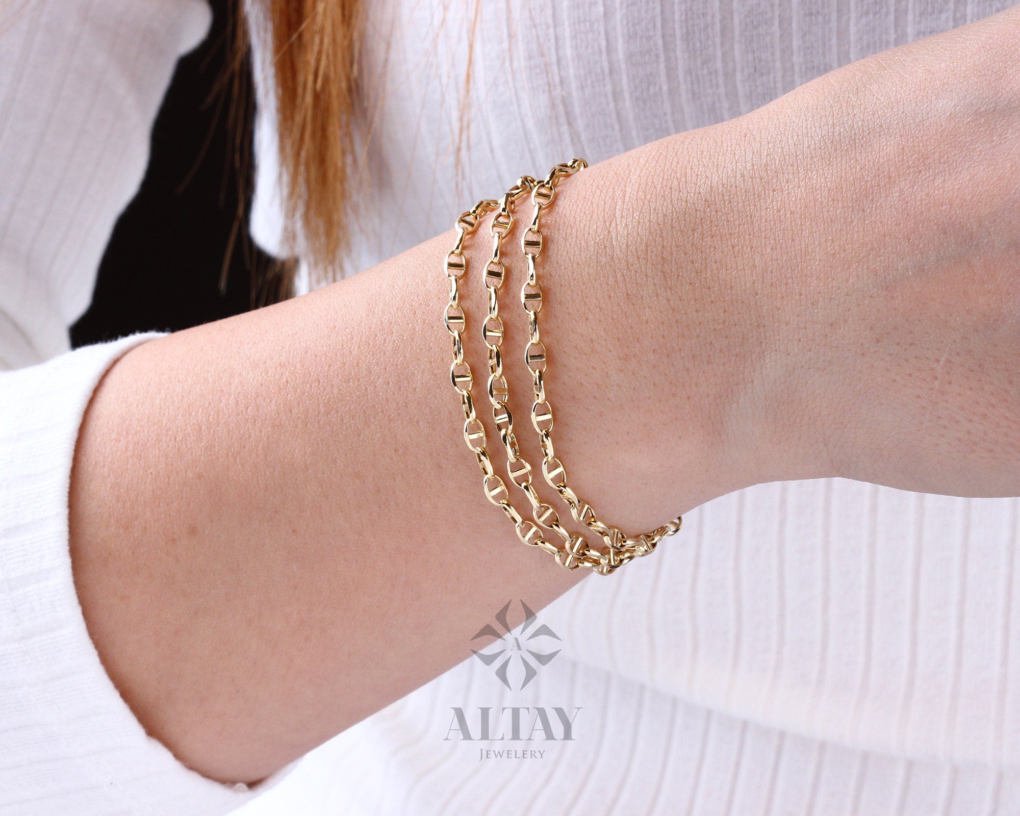 14K Solid Gold Mariner Link Chain Bracelet, 14K Gold Chain Bracelet, Puffed Chain, Yellow Gold Puff Mariner Anklet, Designer, Dainty Gift