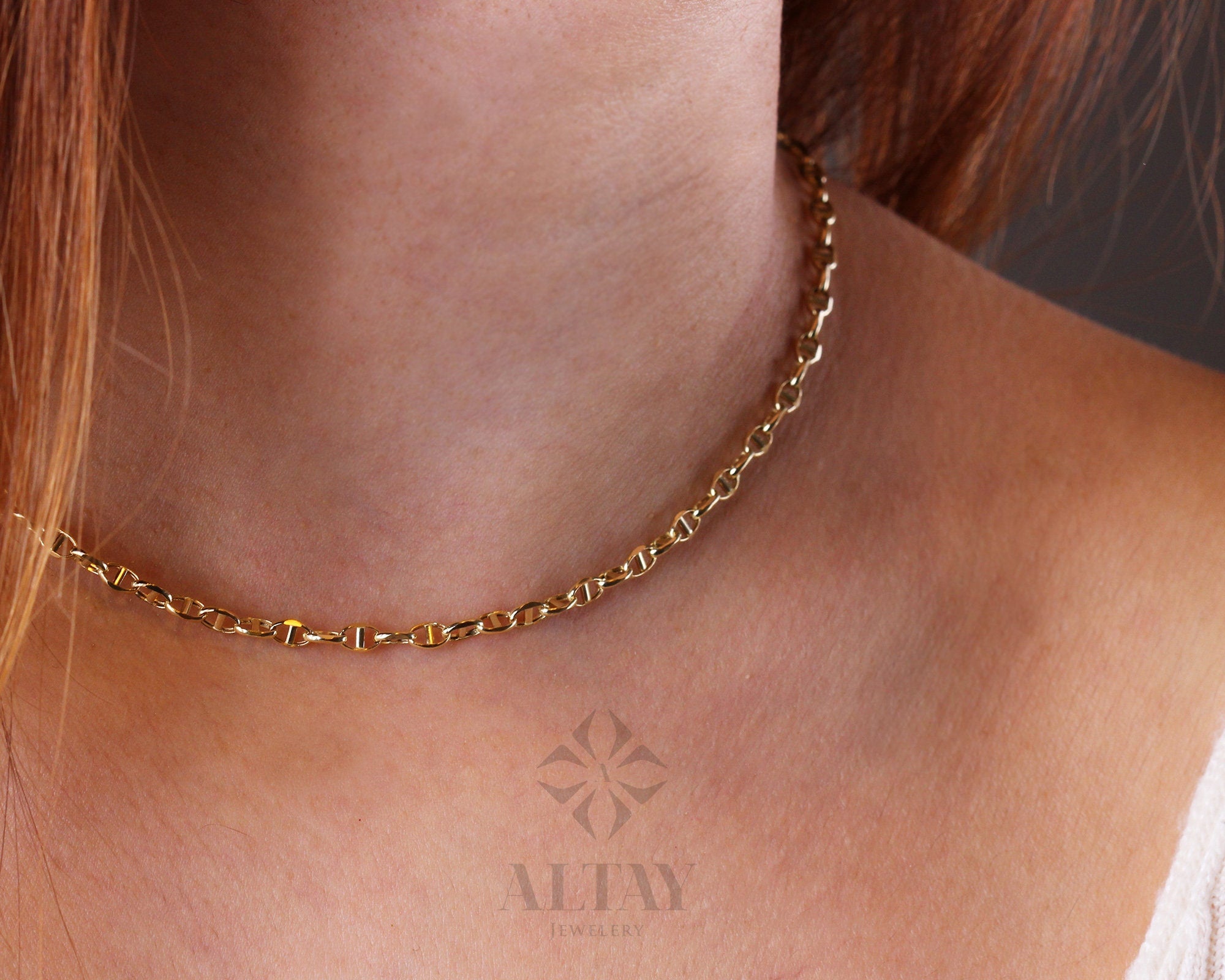 14K Gold Mariner Link Chain Necklace, Mariner Chain Choker, Puffed Chain Necklace, Yellow Gold Puff Mariner Chain, Designer, Dainty Gift