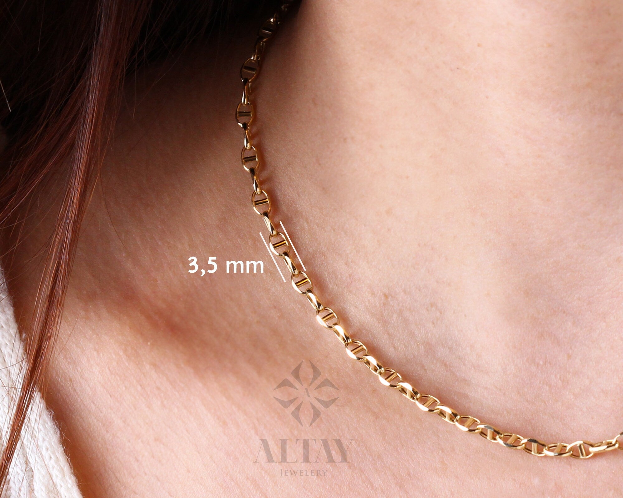 14K Gold Mariner Link Chain Necklace, Mariner Chain Choker, Puffed Chain Necklace, Yellow Gold Puff Mariner Chain, Designer, Dainty Gift