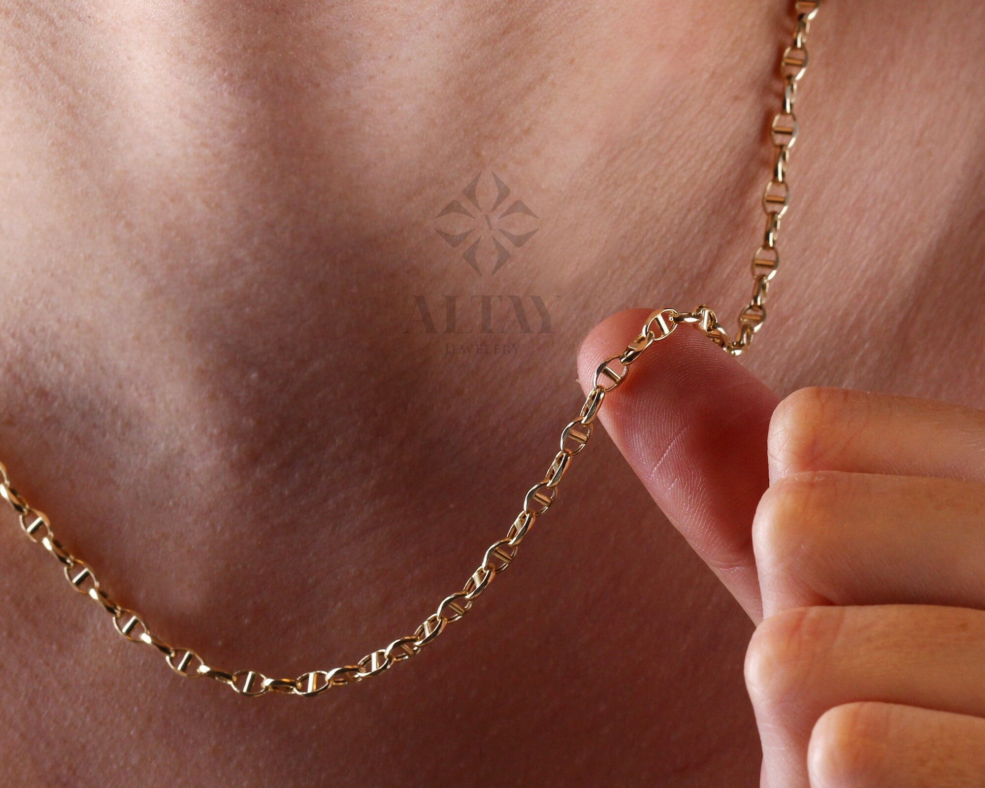 14K Gold Mariner Link Chain Necklace, Mariner Chain Choker, Puffed Chain Necklace, Yellow Gold Puff Mariner Chain, Designer, Dainty Gift