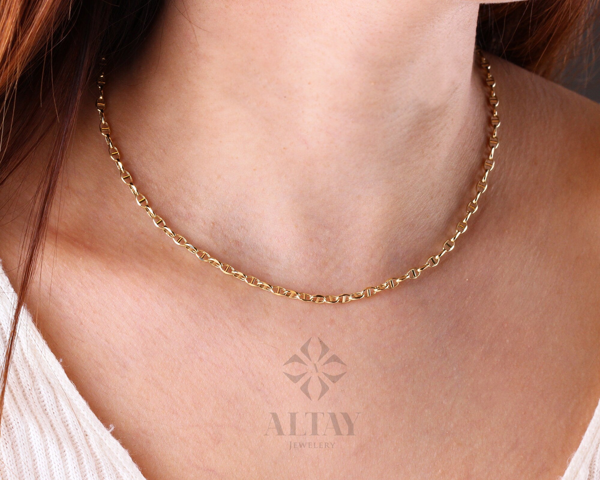 14K Gold Mariner Link Chain Necklace, Mariner Chain Choker, Puffed Chain Necklace, Yellow Gold Puff Mariner Chain, Designer, Dainty Gift