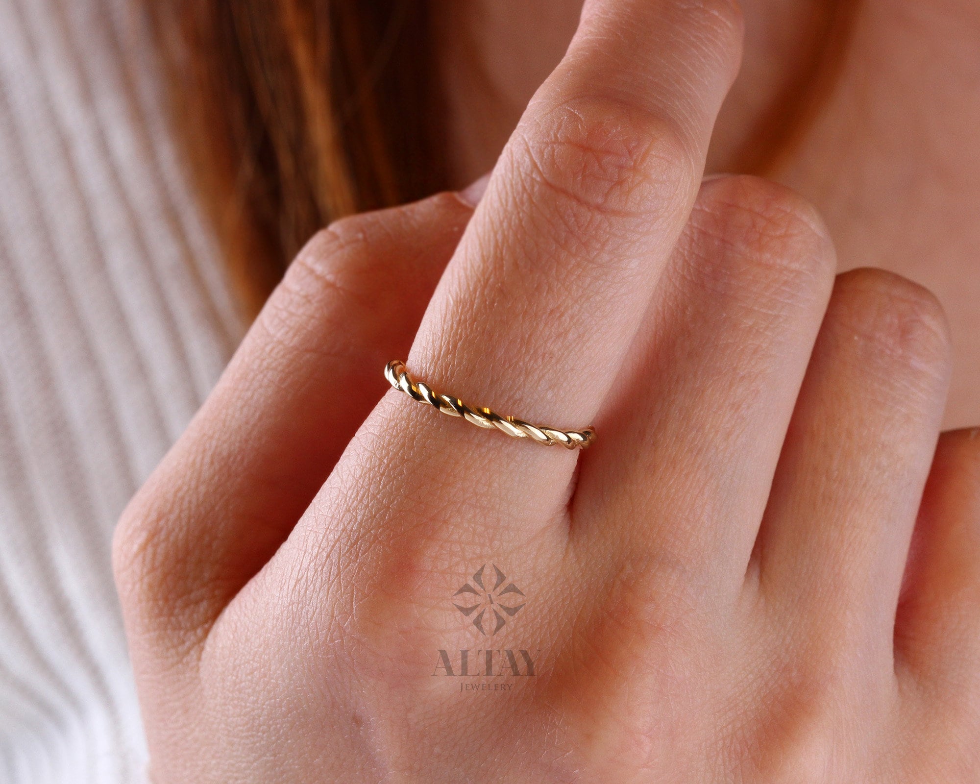 14K Solid Gold Twist Ring, Rope Style Twisted Gold Ring, Dainty Stacking Ring, Simple Delicate Stack Twist Ring, Thin Twist Wedding Band