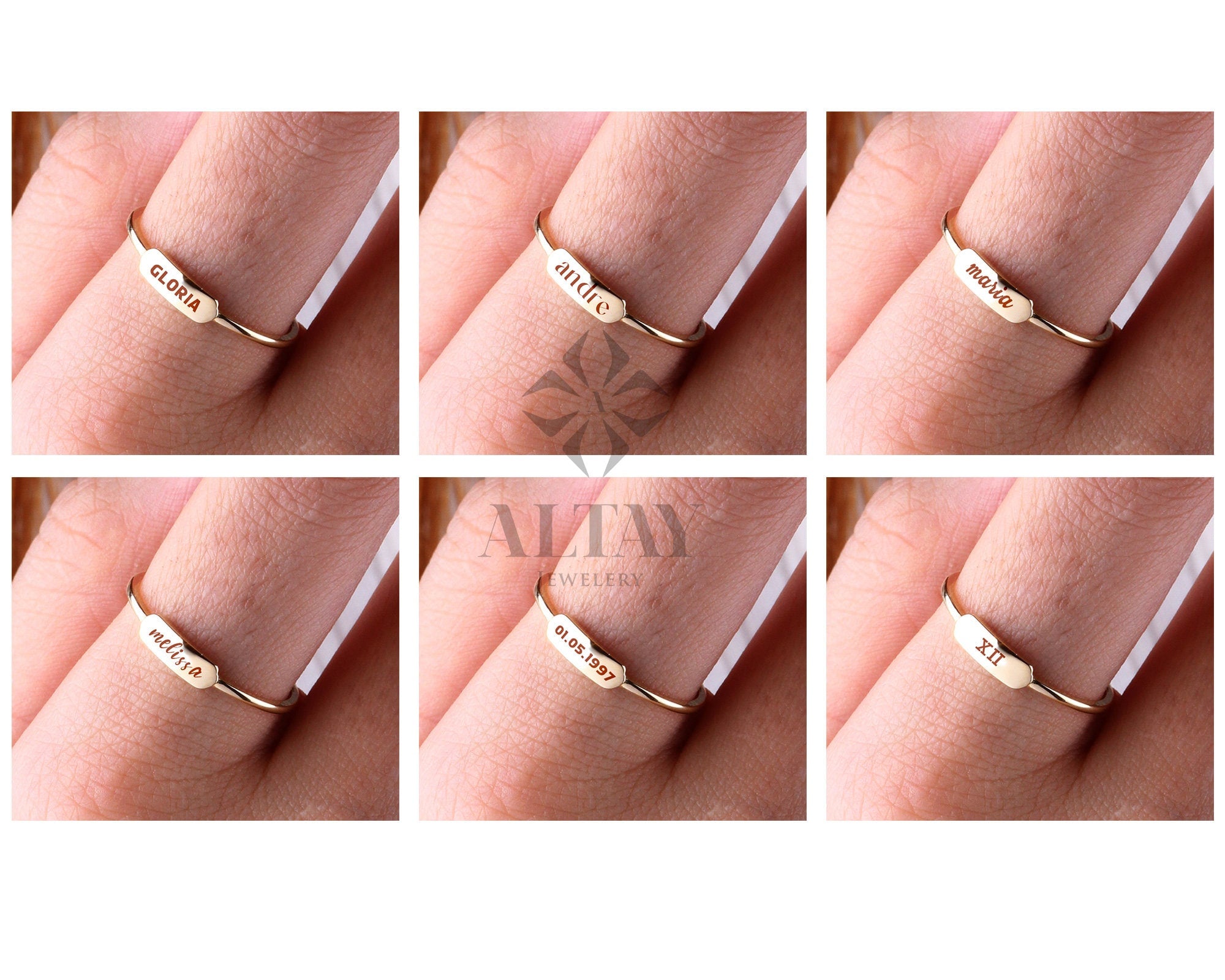 14K Gold Dainty Bar Ring, Personalized Name Ring, Custom Rectangle Ring, Roman Numeral Ring, Pet Memorial Jewelry, Skinny Letter Band