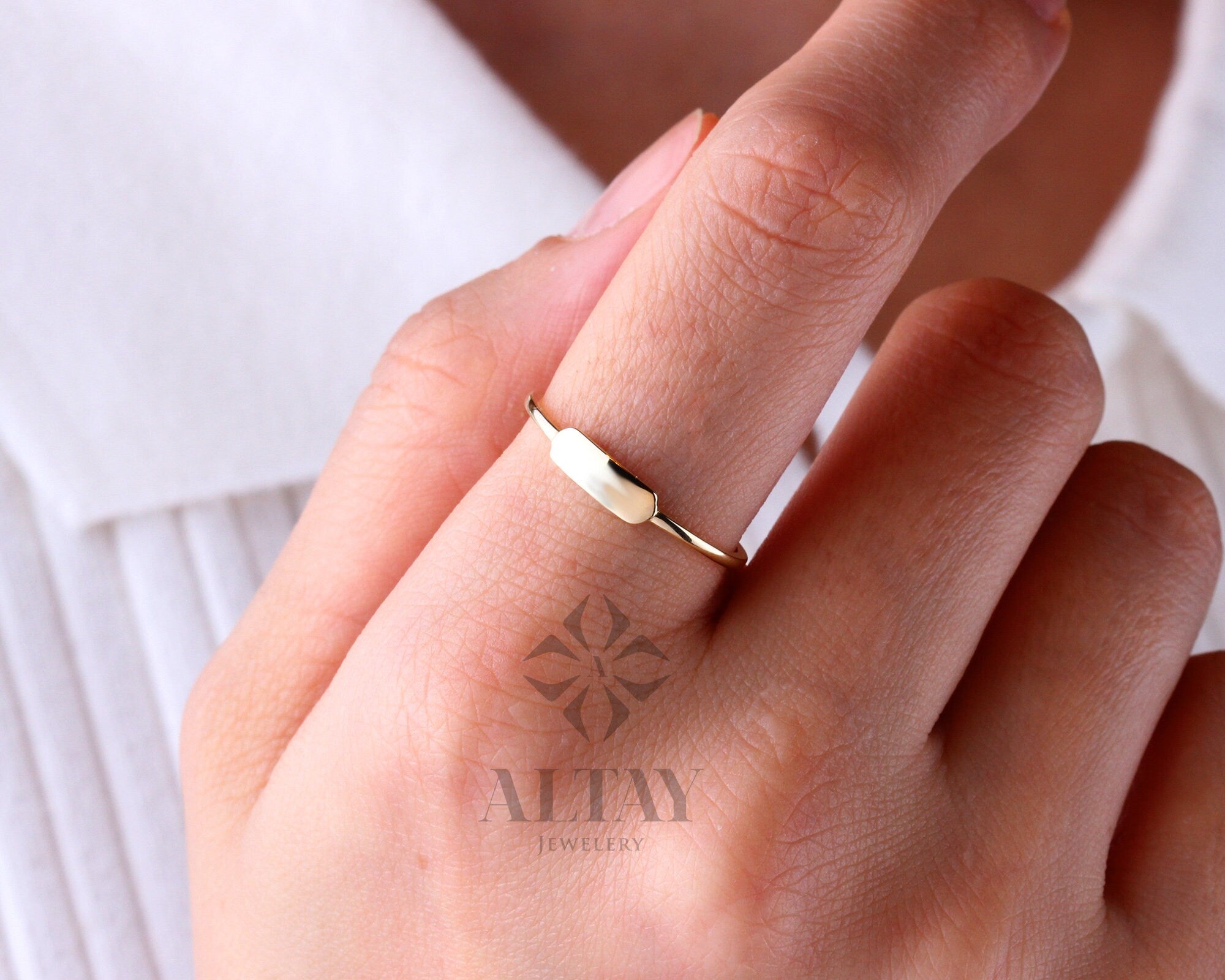 14K Gold Dainty Bar Ring, Personalized Name Ring, Custom Rectangle Ring, Roman Numeral Ring, Pet Memorial Jewelry, Skinny Letter Band