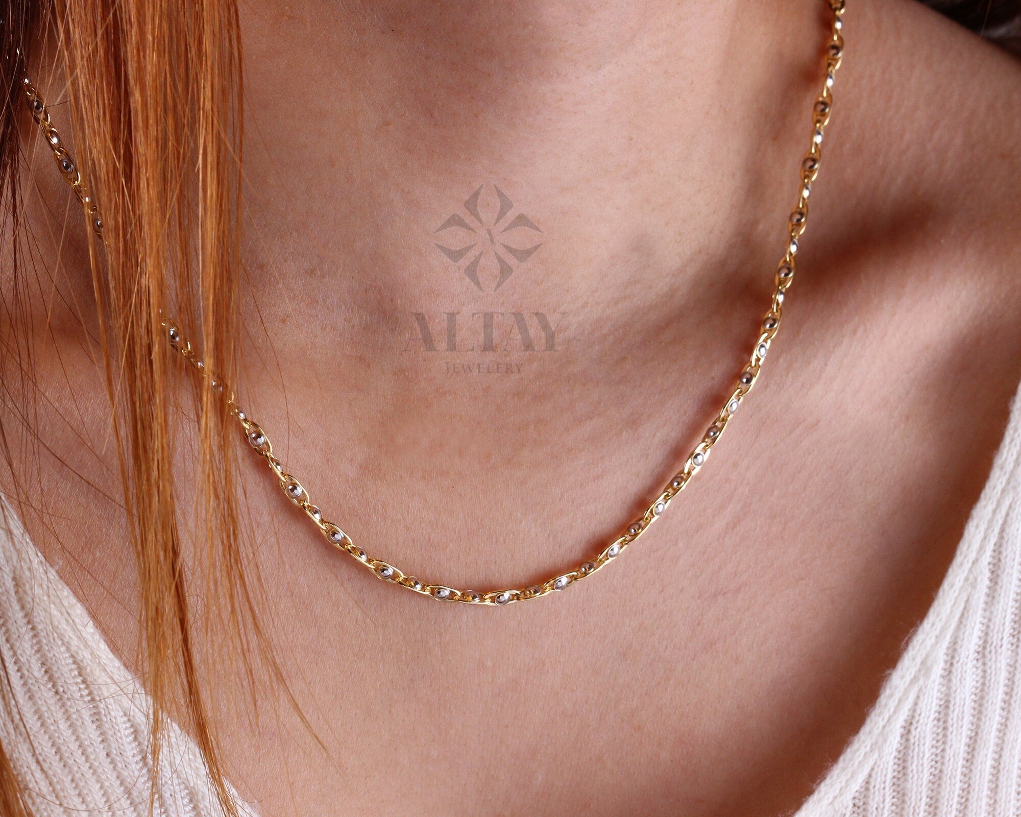 14K Gold Two Tone Beaded Chain Necklace, Oval Bead Chain Choker, Rectangle Long Paperclip Chain, Christening, Chunky Link, Gift For Her