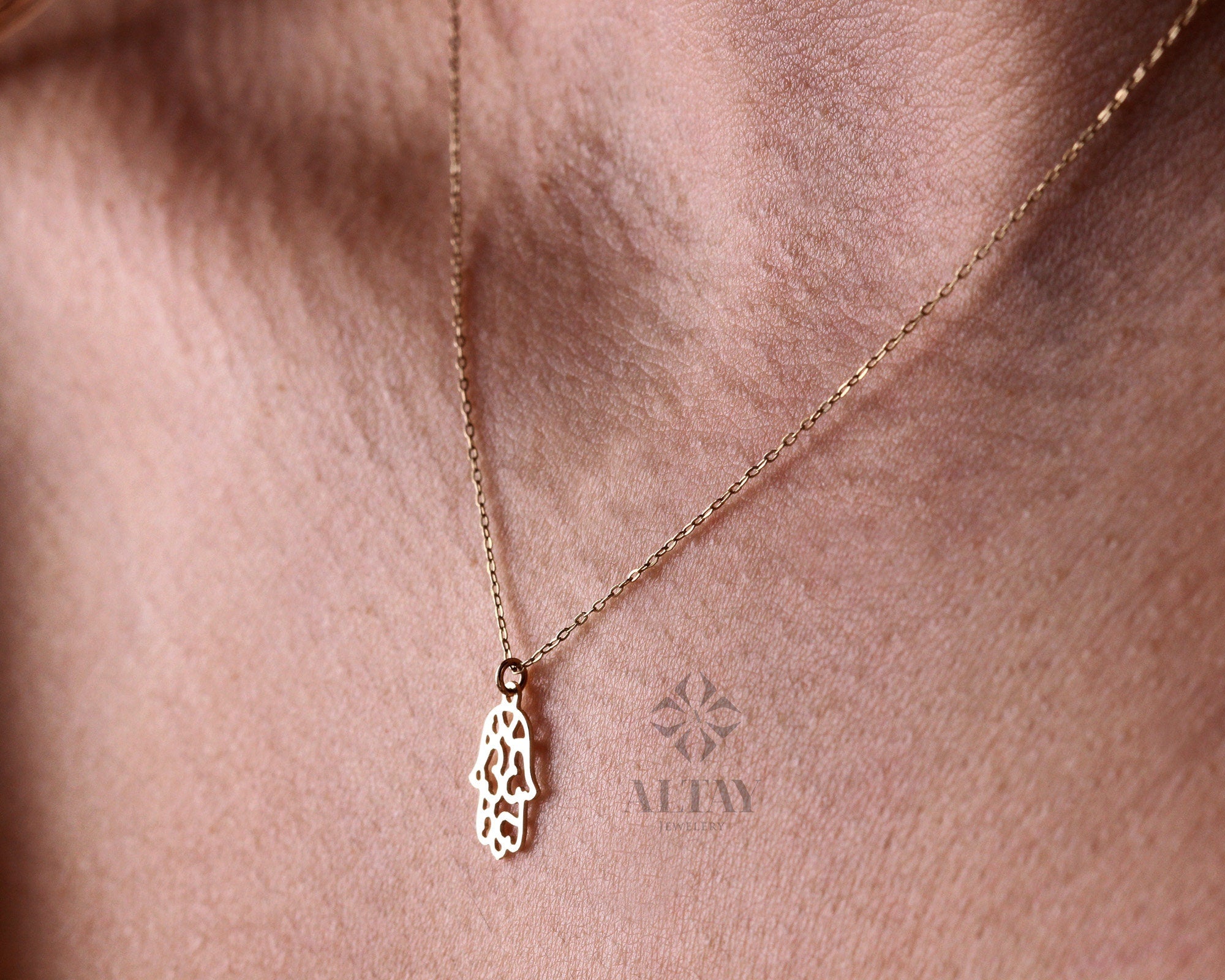 14K Gold Hamsa Necklace, Fatima Hand Pendant, Evil Eye Charm Pendant Choker, Religious Jewelry, Hand Charm, Minimalist Protection, Wife Gift