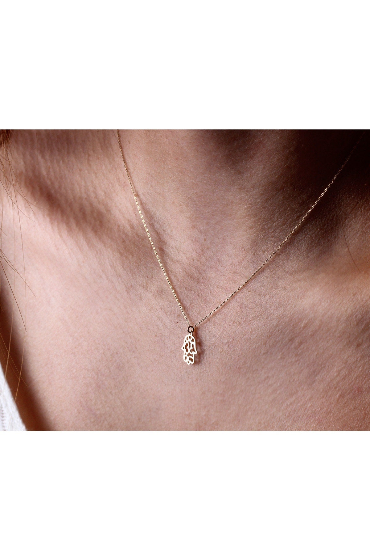 14K Gold Hamsa Necklace, Fatima Hand Pendant, Evil Eye Charm Pendant Choker, Religious Jewelry, Hand Charm, Minimalist Protection, Wife Gift