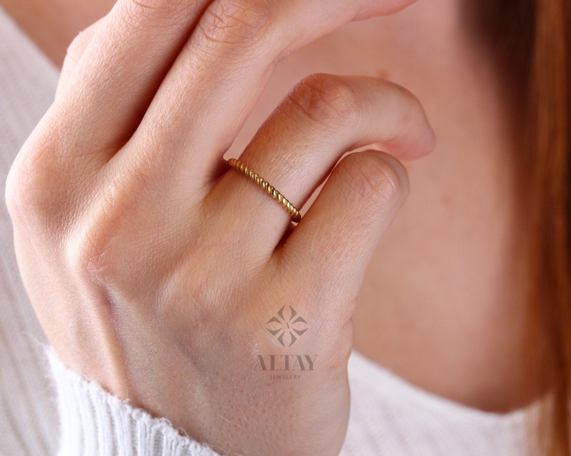 14K Solid Gold Twist Ring, Rope Style Twisted Gold Ring, Dainty Stacking Ring, Simple Delicate Stack Twist Ring, Thin Twist Wedding Band