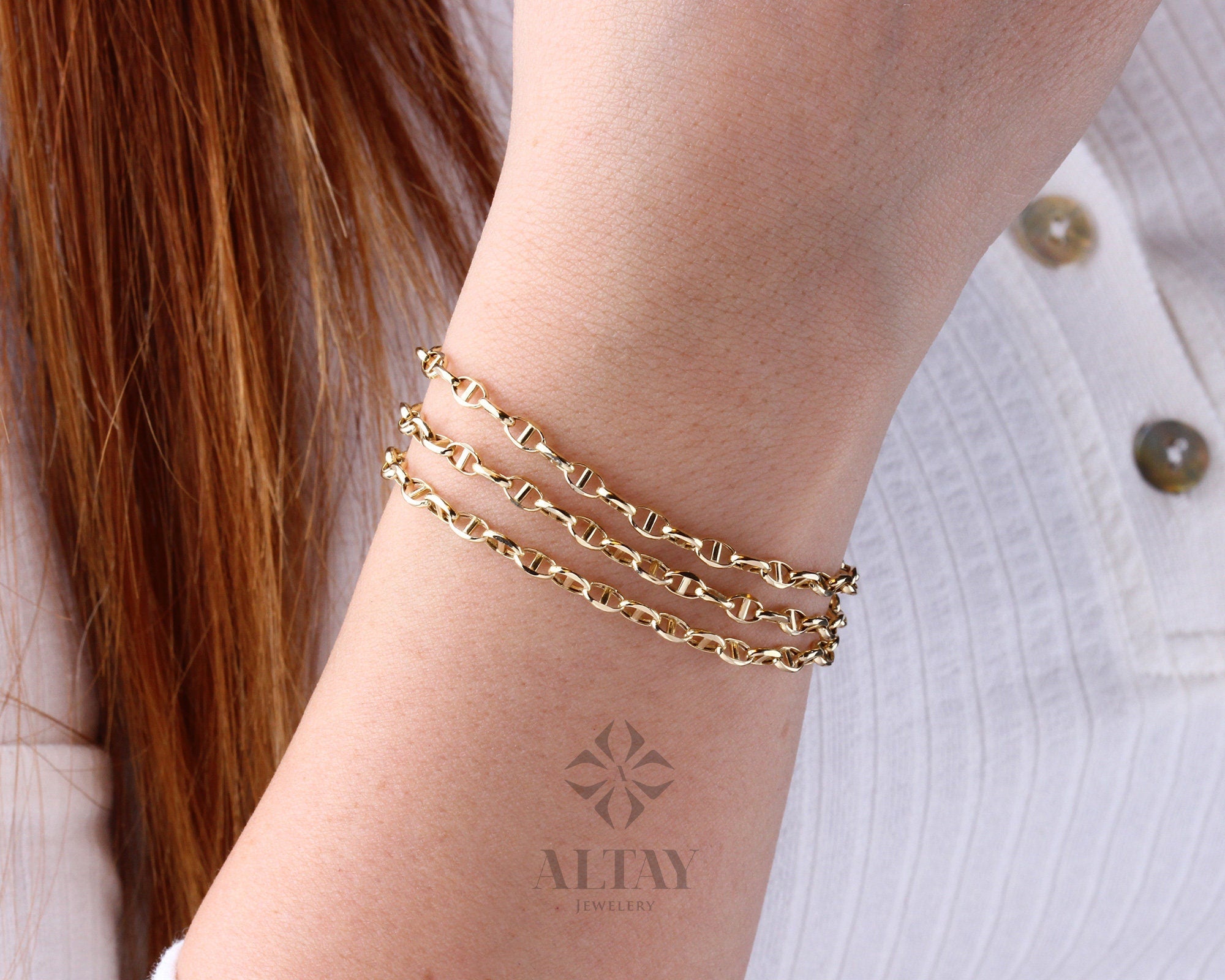 14K Solid Gold Mariner Link Chain Bracelet, 14K Gold Chain Bracelet, Puffed Chain, Yellow Gold Puff Mariner Anklet, Designer, Dainty Gift