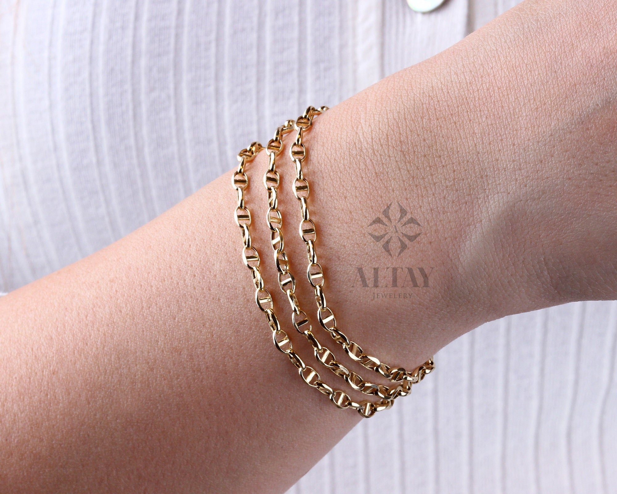 14K Solid Gold Mariner Link Chain Bracelet, 14K Gold Chain Bracelet, Puffed Chain, Yellow Gold Puff Mariner Anklet, Designer, Dainty Gift