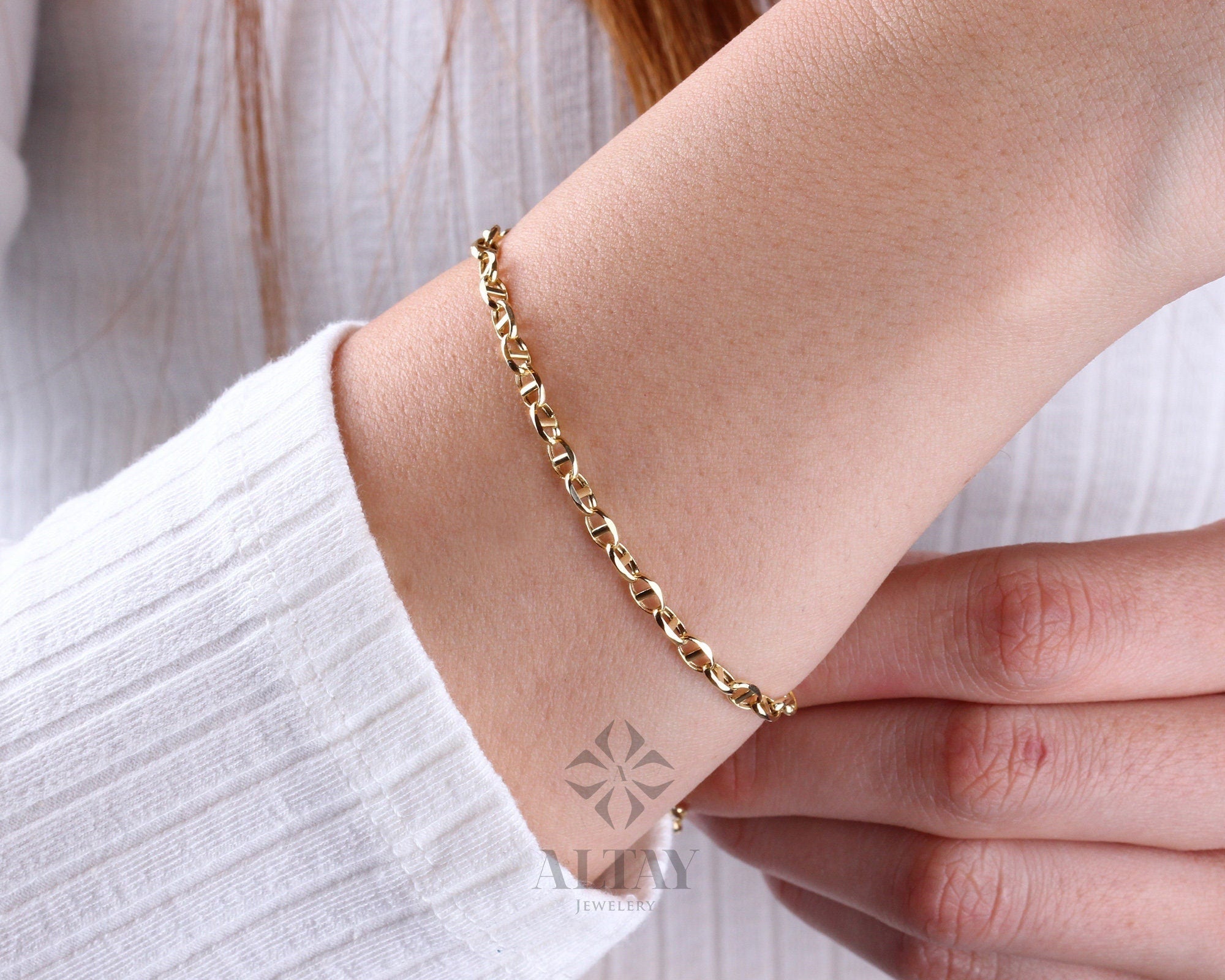 14K Solid Gold Mariner Link Chain Bracelet, 14K Gold Chain Bracelet, Puffed Chain, Yellow Gold Puff Mariner Anklet, Designer, Dainty Gift