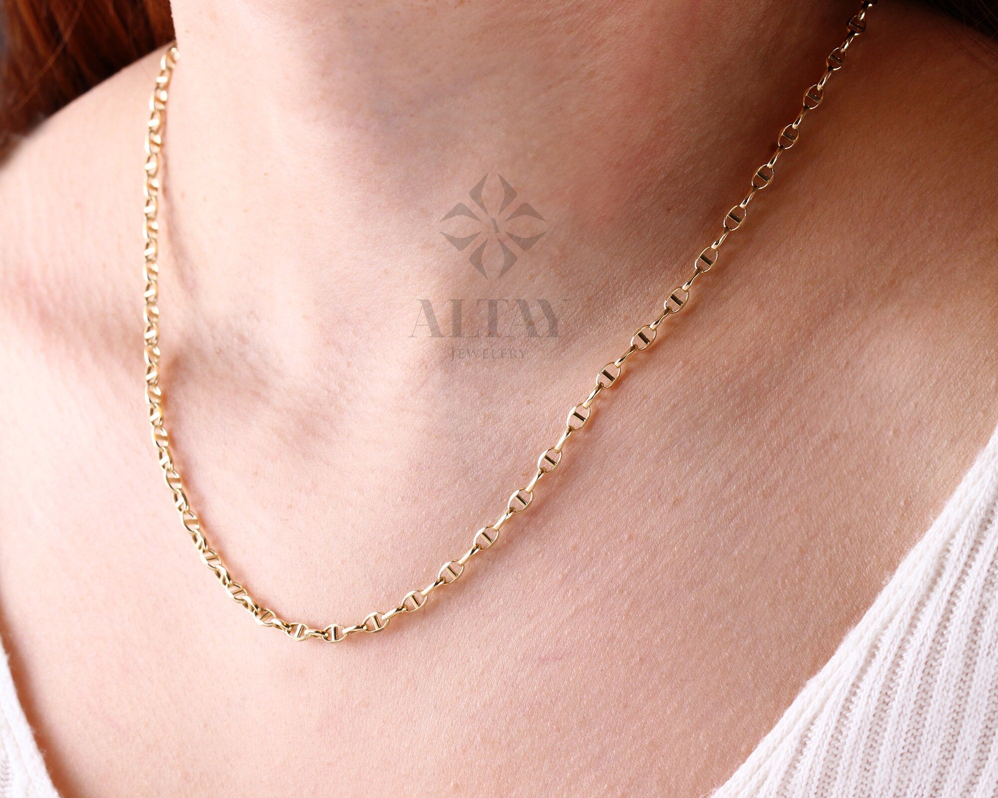 14K Gold Mariner Link Chain Necklace, Mariner Chain Choker, Puffed Chain Necklace, Yellow Gold Puff Mariner Chain, Designer, Dainty Gift