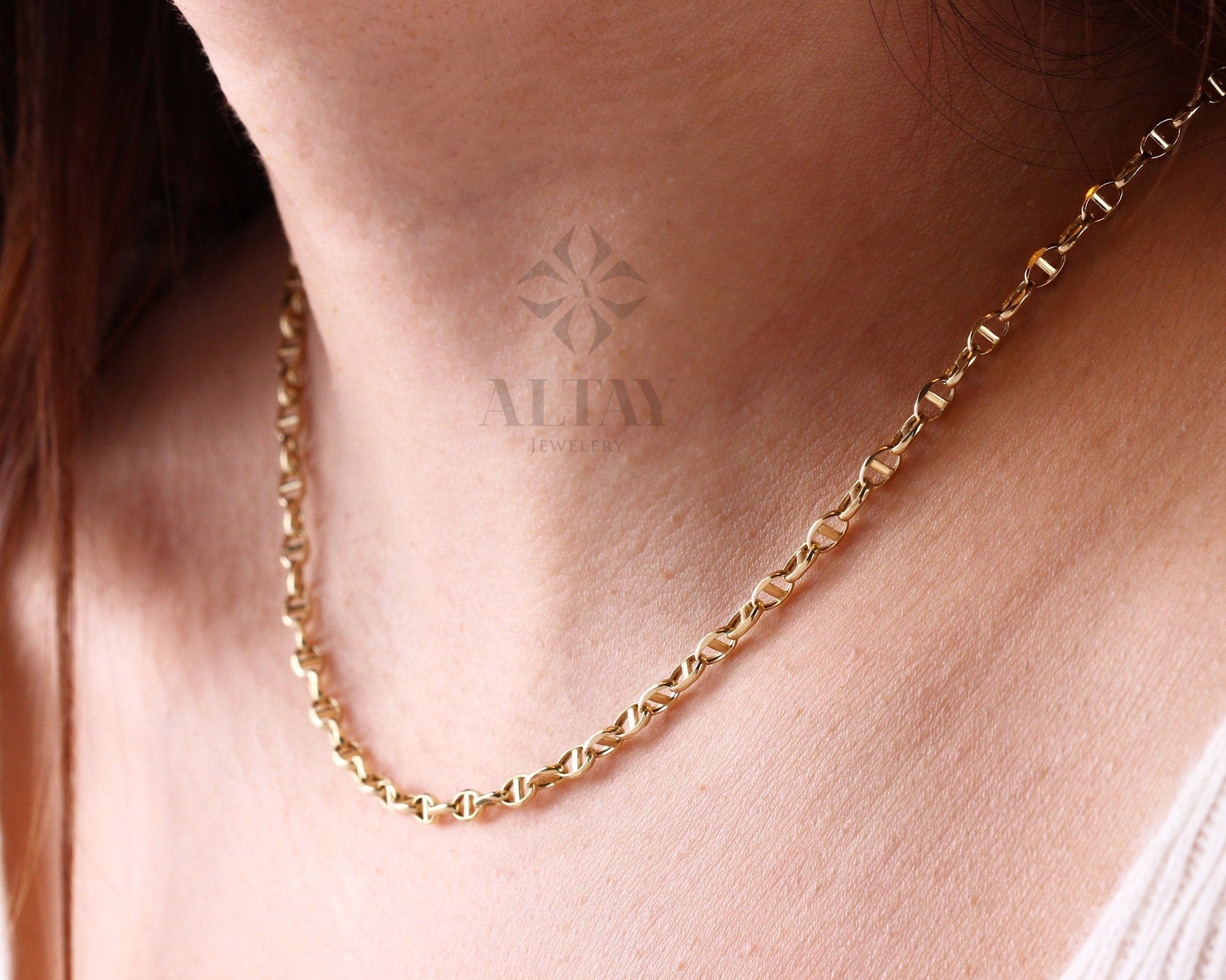 14K Gold Mariner Link Chain Necklace, Mariner Chain Choker, Puffed Chain Necklace, Yellow Gold Puff Mariner Chain, Designer, Dainty Gift