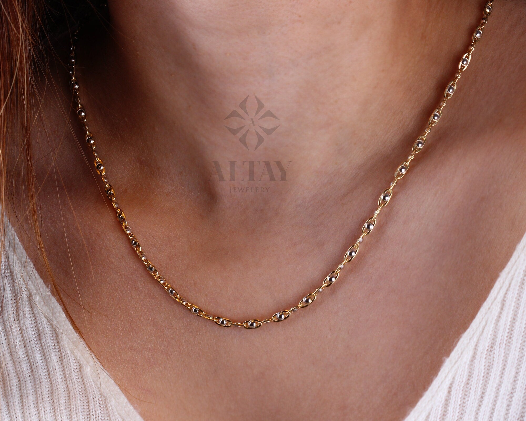 14K Gold Two Tone Beaded Chain Necklace, Oval Bead Chain Choker, Rectangle Long Paperclip Chain, Christening, Chunky Link, Gift For Her
