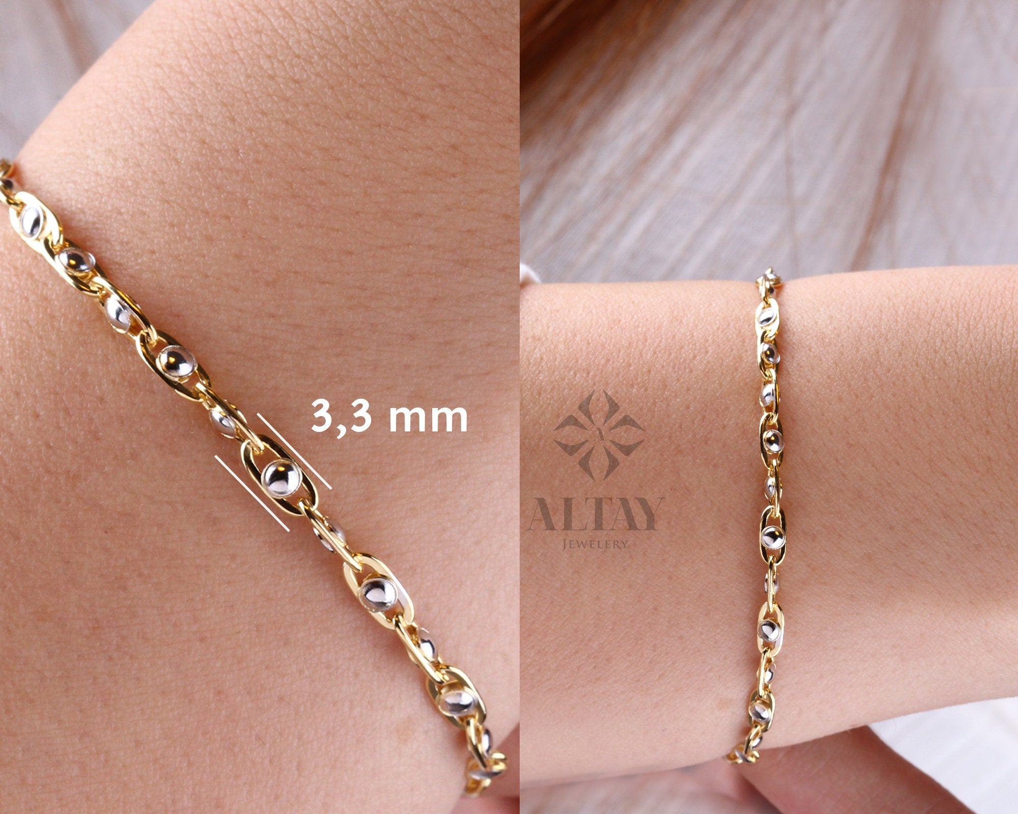 14K Gold Two Tone Beaded Chain Bracelet, Oval Chain Bead Bracelet, Rectangle Long Paperclip Chain Anklet, Chunky Chain Link, Gift For Her