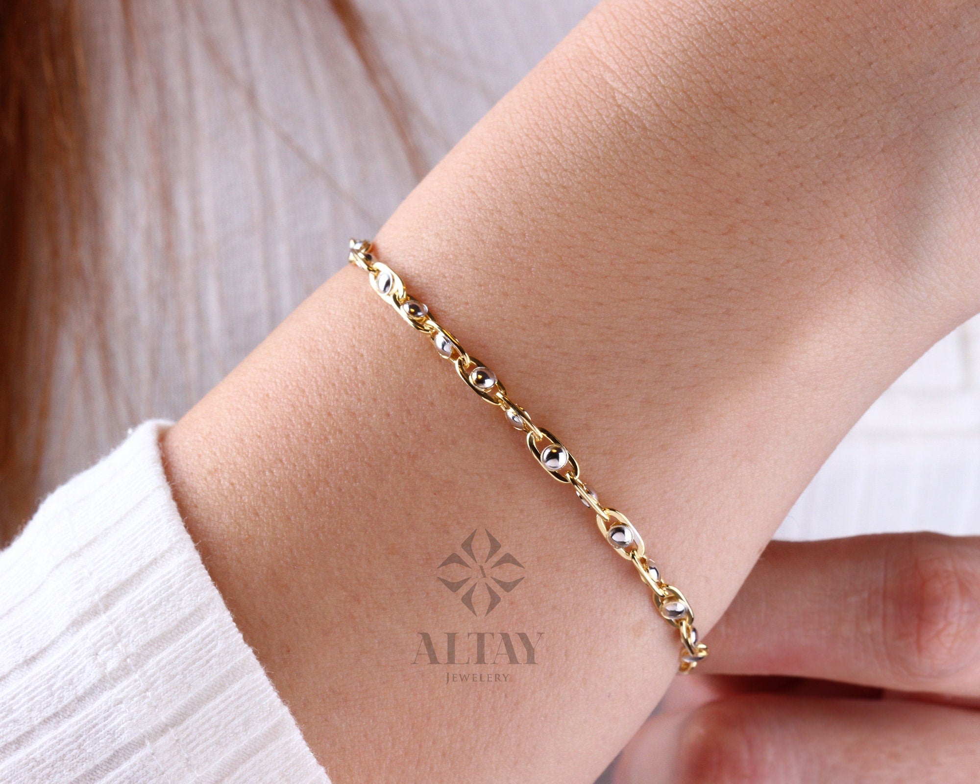 14K Gold Two Tone Beaded Chain Bracelet, Oval Chain Bead Bracelet, Rectangle Long Paperclip Chain Anklet, Chunky Chain Link, Gift For Her