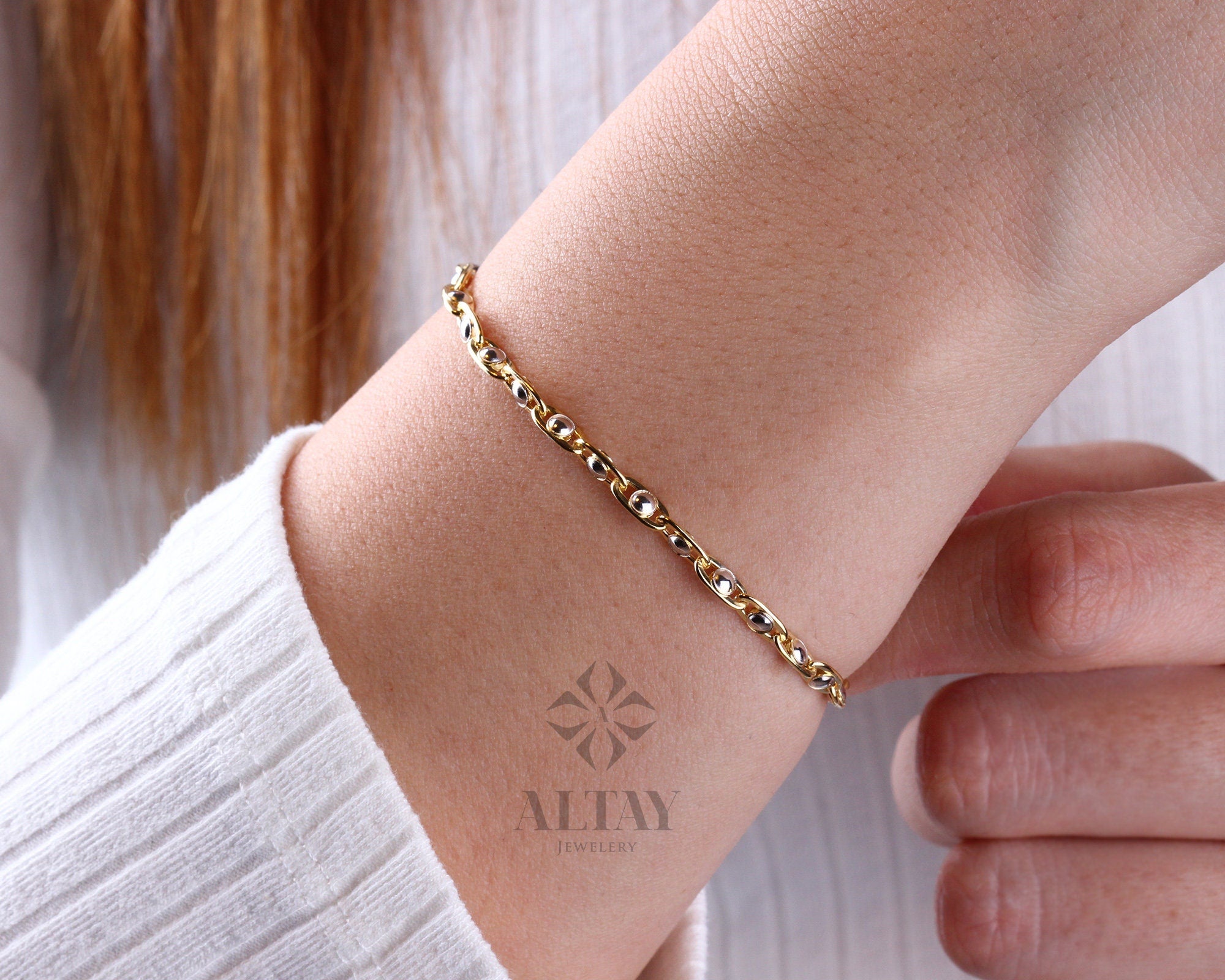 14K Gold Two Tone Beaded Chain Bracelet, Oval Chain Bead Bracelet, Rectangle Long Paperclip Chain Anklet, Chunky Chain Link, Gift For Her