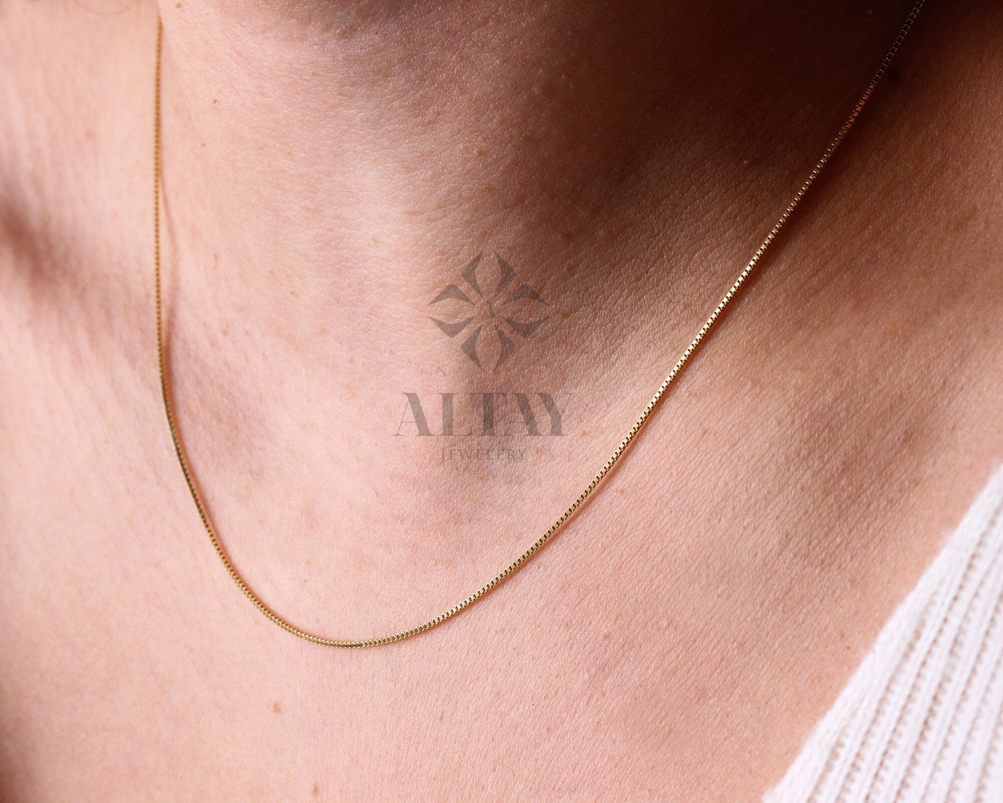 14K Solid Gold Box Chain Necklace, 0.7 mm Box Chain Choker, Dainty Layered Necklace, Shiny Box Chain Necklace, Gift For Her Him
