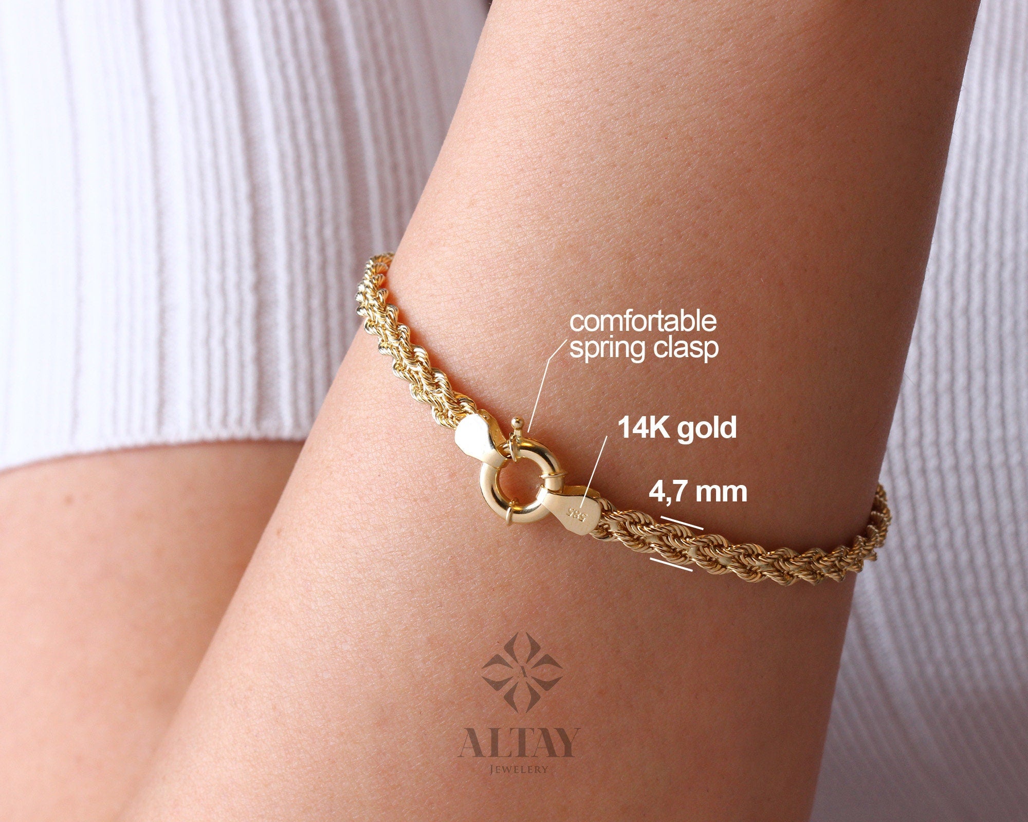 14K Solid Gold Rope Chain Bracelet, 4.7mm Dainty Rope Bracelet, Unisex Braided Bracelet, Twist Chunky Chain, Stacking Fashion Delicate Chain