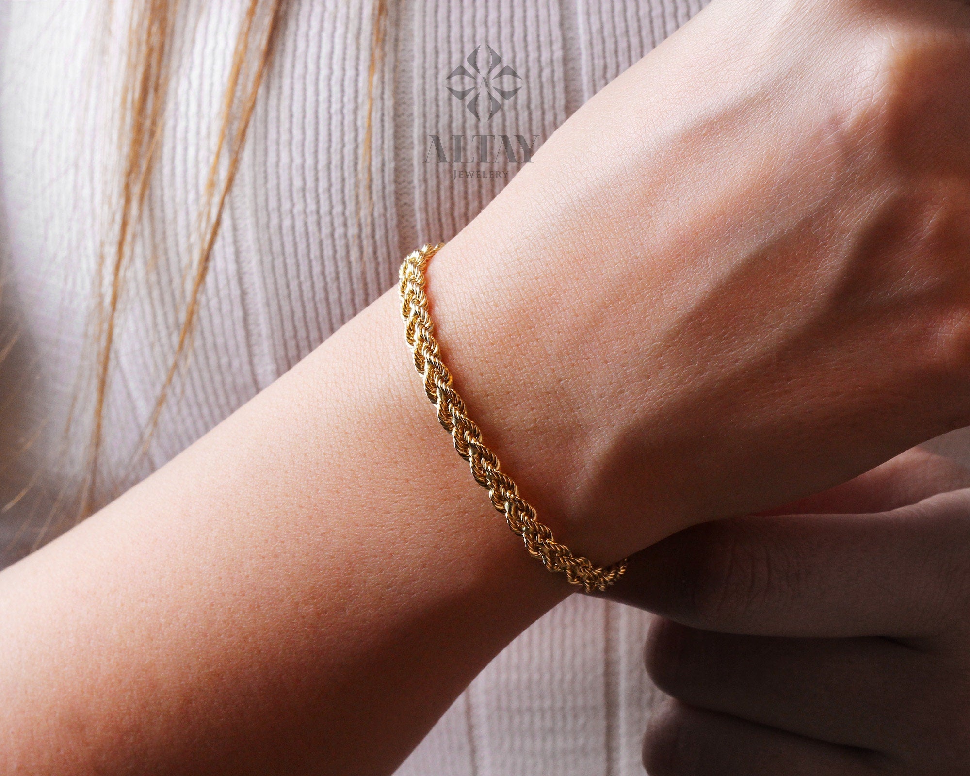 14K Solid Gold Rope Chain Bracelet, 4.7mm Dainty Rope Bracelet, Unisex Braided Bracelet, Twist Chunky Chain, Stacking Fashion Delicate Chain