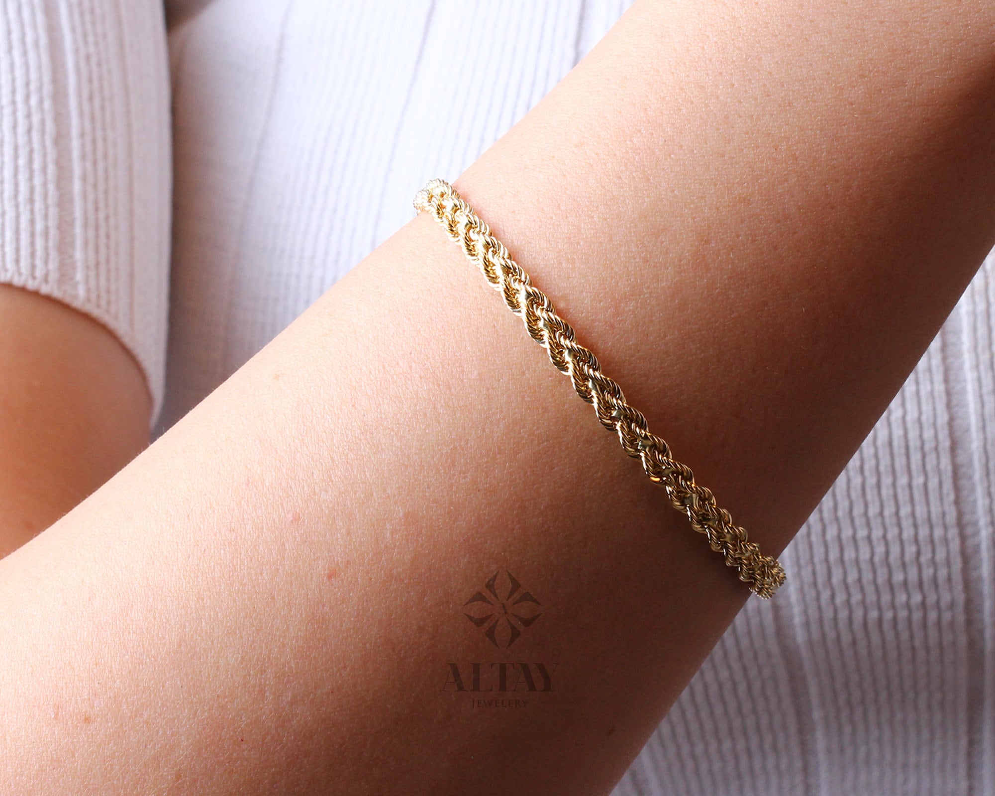 14K Solid Gold Rope Chain Bracelet, 4.7mm Dainty Rope Bracelet, Unisex Braided Bracelet, Twist Chunky Chain, Stacking Fashion Delicate