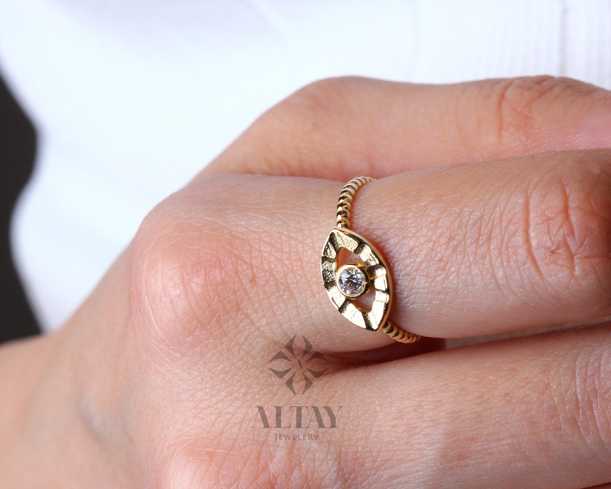 14K Gold Evil Eye Ring, Unique Evil Eye Band Ring, Zirconia Stone, Eyelashes Gold Ring, Dainty Ring, Good Luck Stackable Ring, Minimal Ring