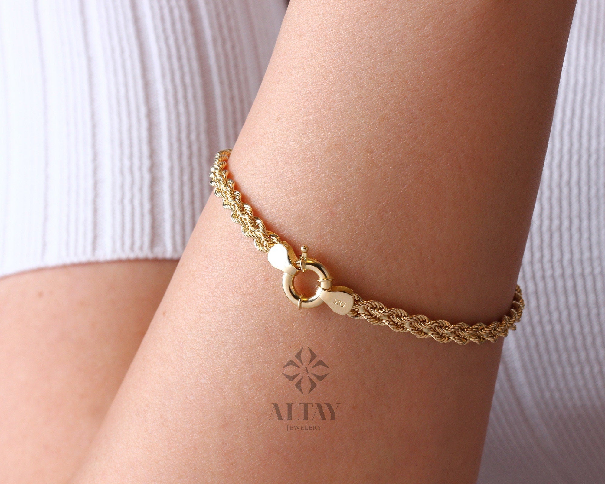 14K Solid Gold Rope Chain Bracelet, 4.7mm Dainty Rope Bracelet, Unisex Braided Bracelet, Twist Chunky Chain, Stacking Fashion Delicate Chain