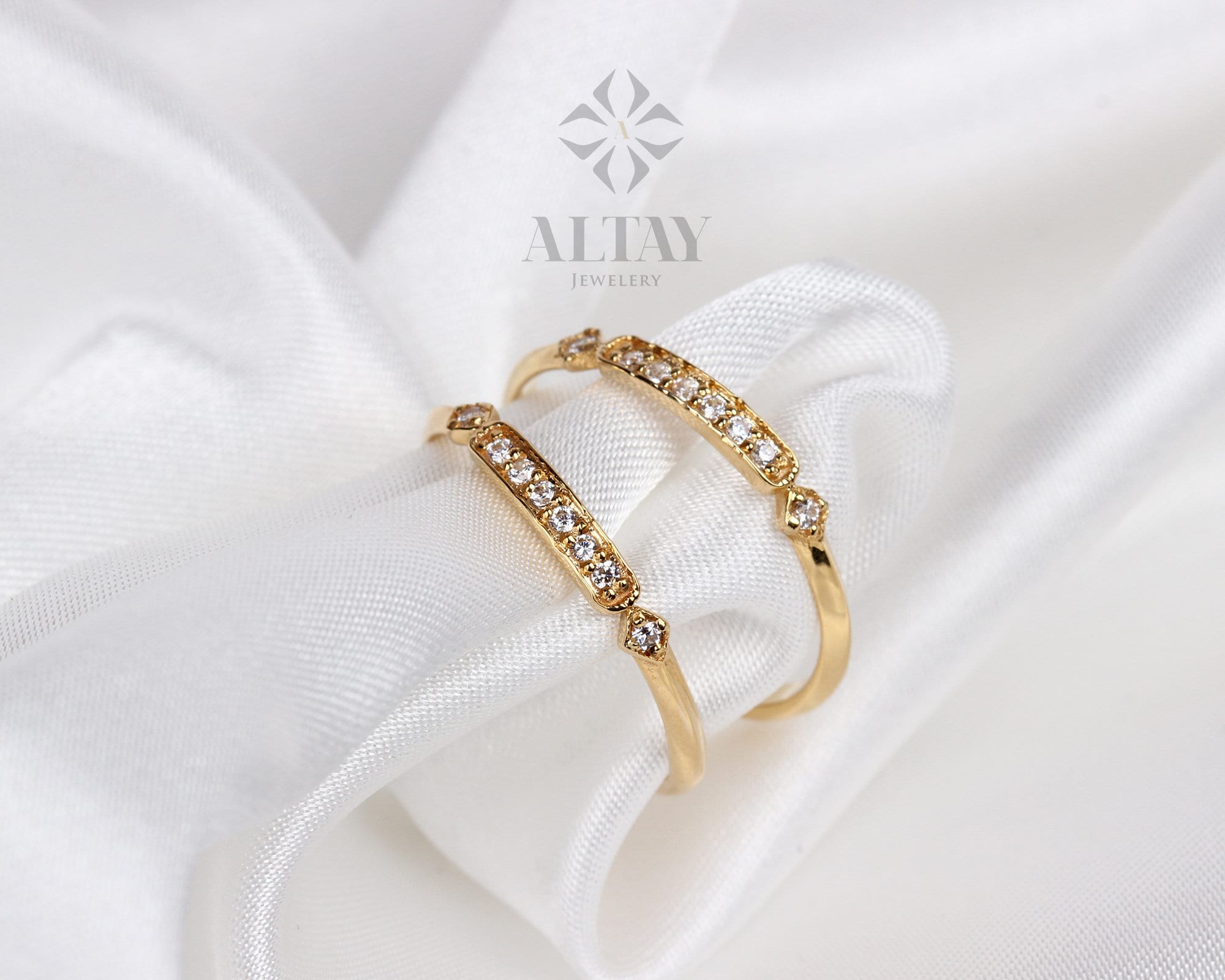 14K Gold Vintage Diamond Ring, Vintage Style Solid Gold Stackable Ring, Dainty Gold Elegant Ring, Art Deco Wedding Band Ring, Half Eternity